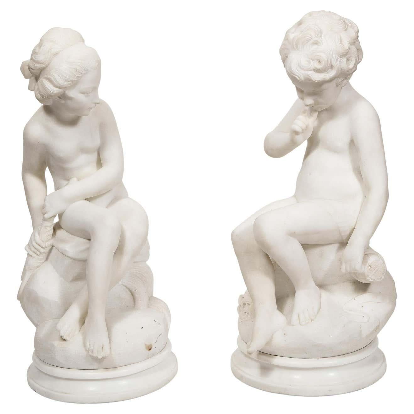 Unknown Figurative Sculpture - Charming Pair of Italian Carrara Marble Figures of Children, 19th Century