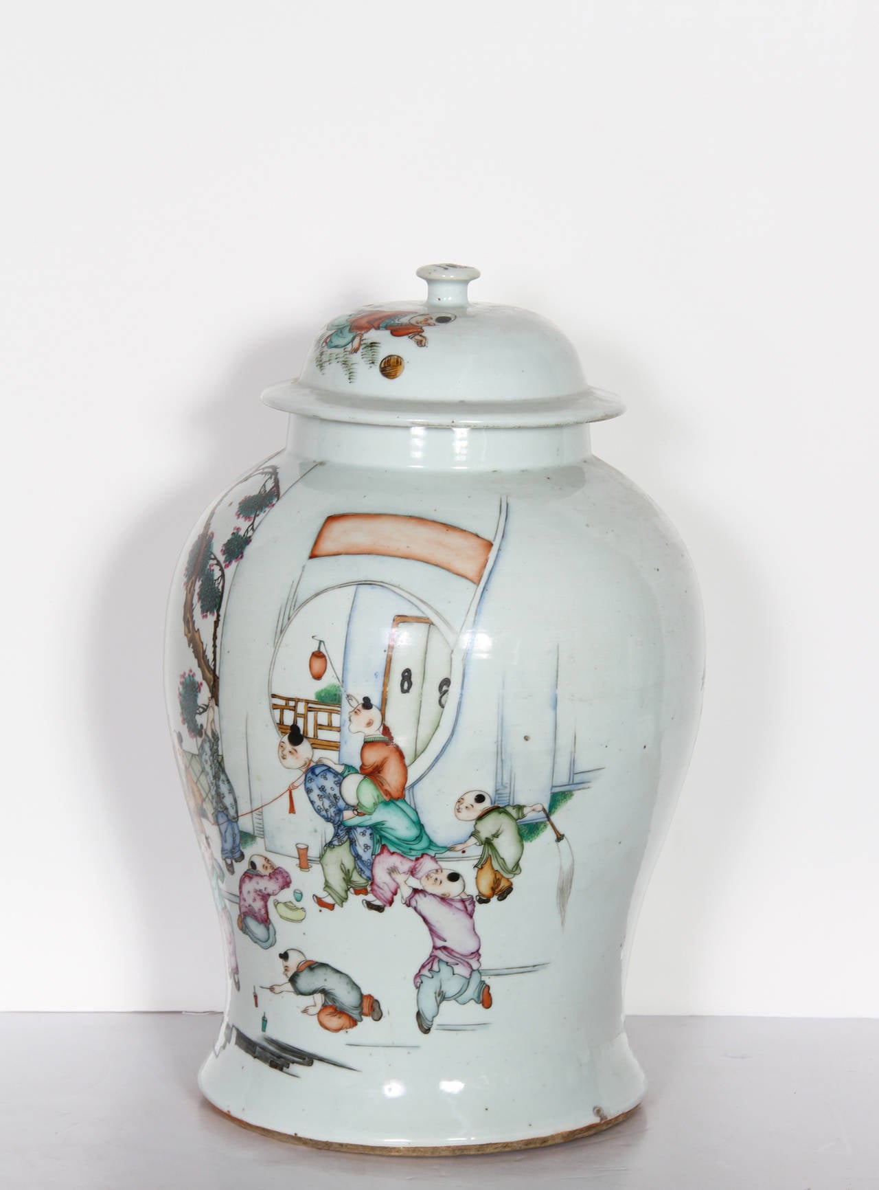 Children Playing, Chinese Painted Urn - Sculpture by Unknown