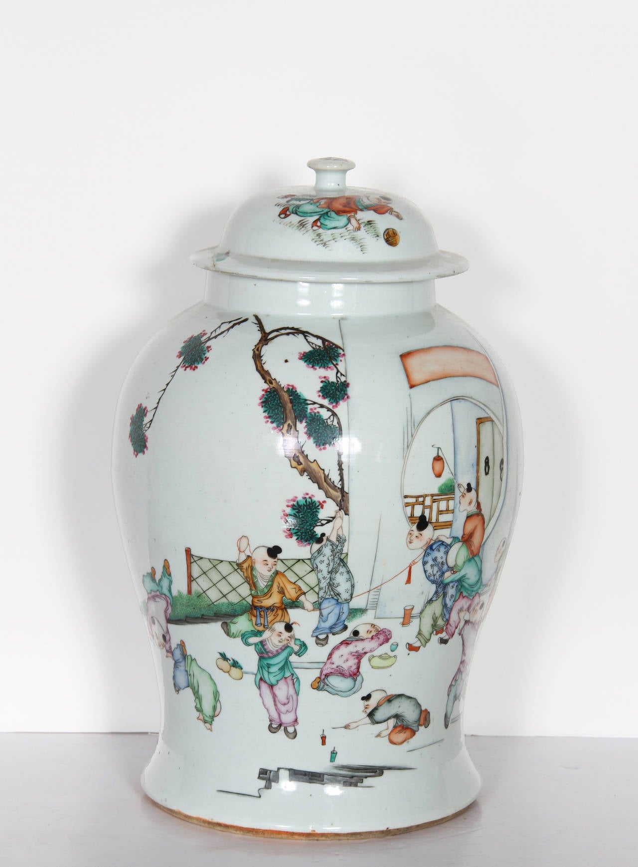 Unknown Still-Life Sculpture - Children Playing, Chinese Painted Urn