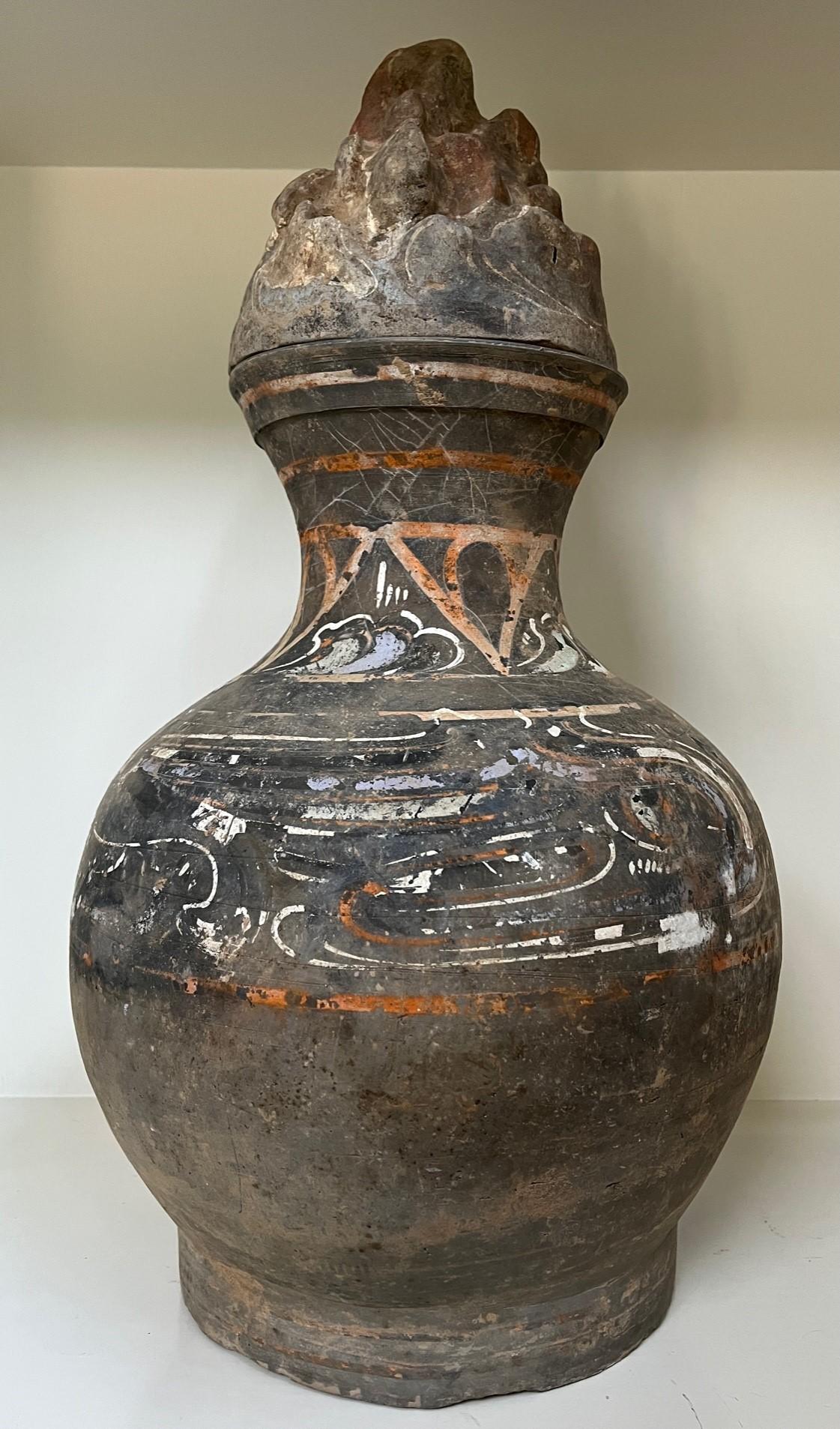 Chinese Han Dynasty: Jar with Mountain Lid - Sculpture by Unknown