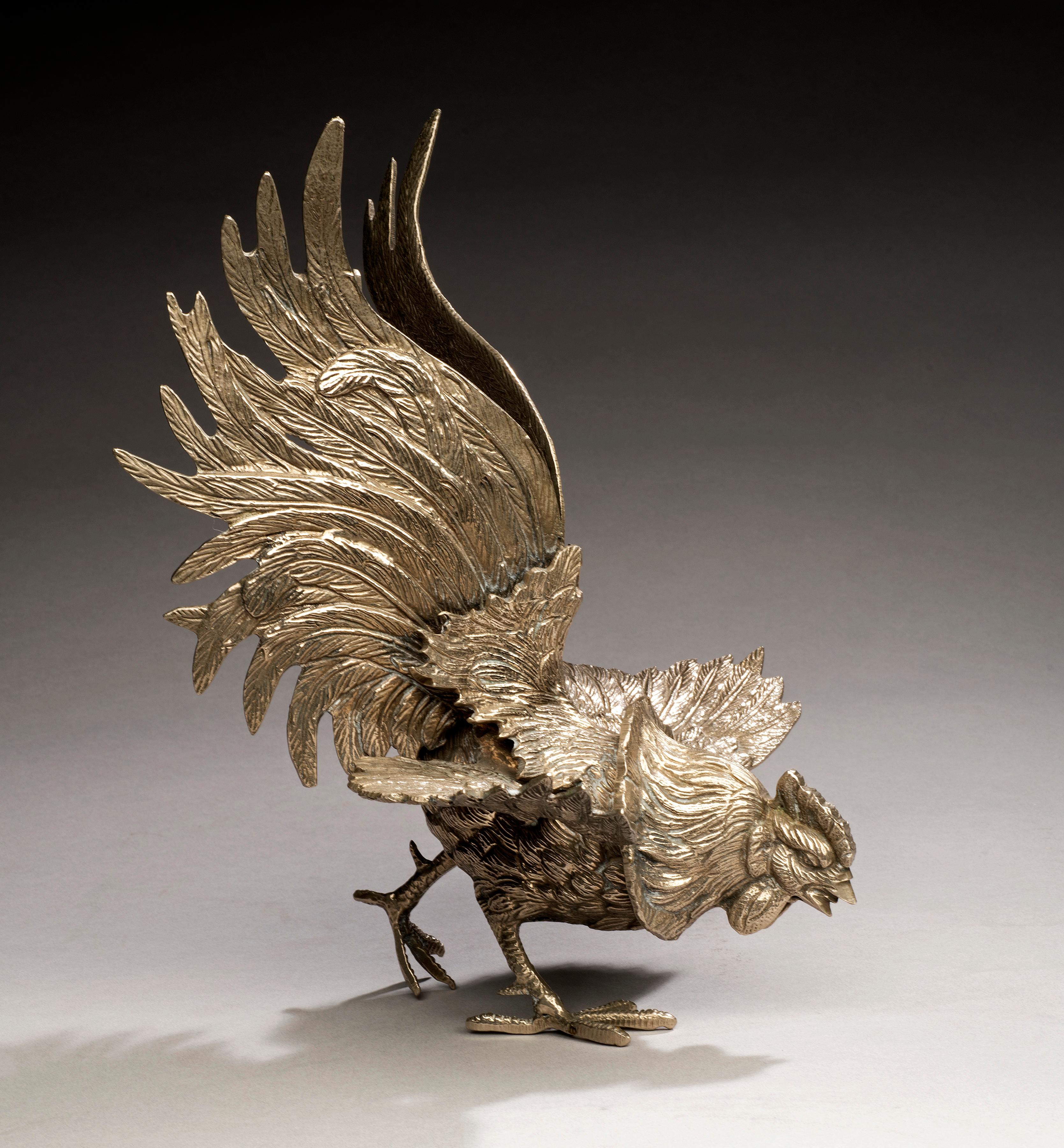 Antique Silvered Bronze Rooster, France circa 19th Century - French School Sculpture by Unknown