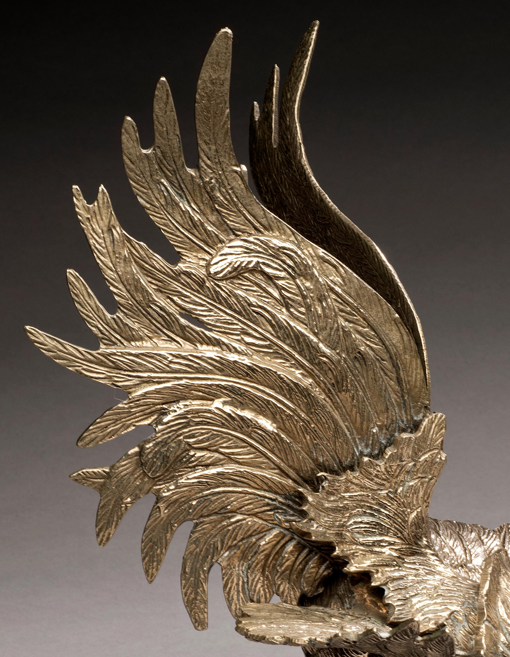Antique Silvered Bronze Rooster, France circa 19th Century - Gold Figurative Sculpture by Unknown
