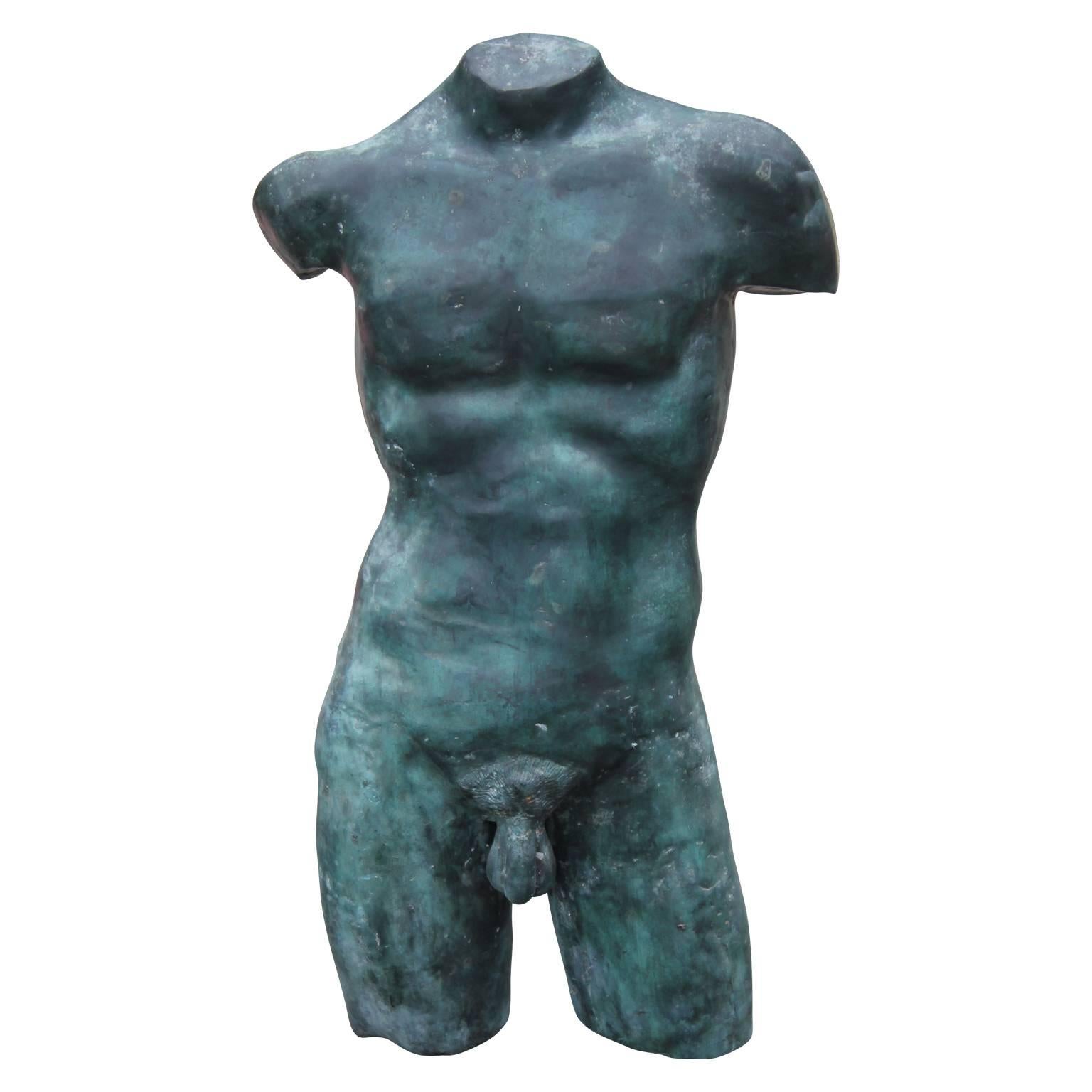 Classical Bronze Male Torso Sculpture - Gold Nude Sculpture by Unknown