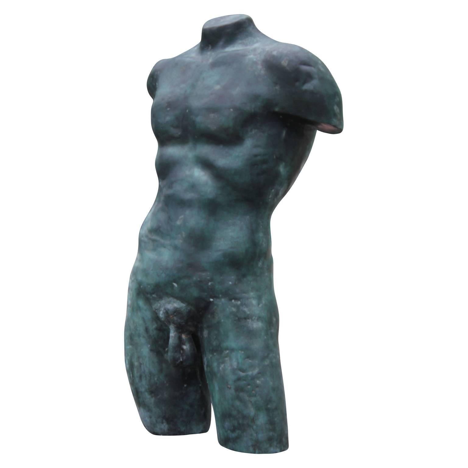 Beautiful classical bronze male torso sculpture with a lovely natural patina from the mid 20th century. 