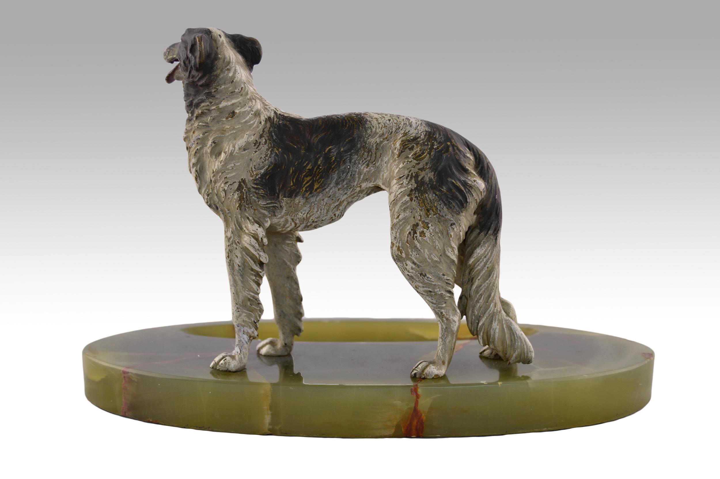 Cold painted Austrian bronze sculpture of a Borzoi dog on an onyx base - Sculpture by Unknown