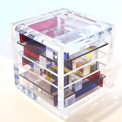 Constructivist contemporary modern cube sculpture Diagonal Red Yellow Blue