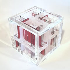 Constructivist contemporary modern cube sculpture System Red-Grey