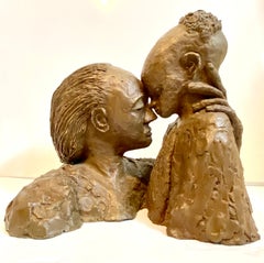 Contemporary African Heavy Bronze Sculpture Mother and Daughter Modernist 