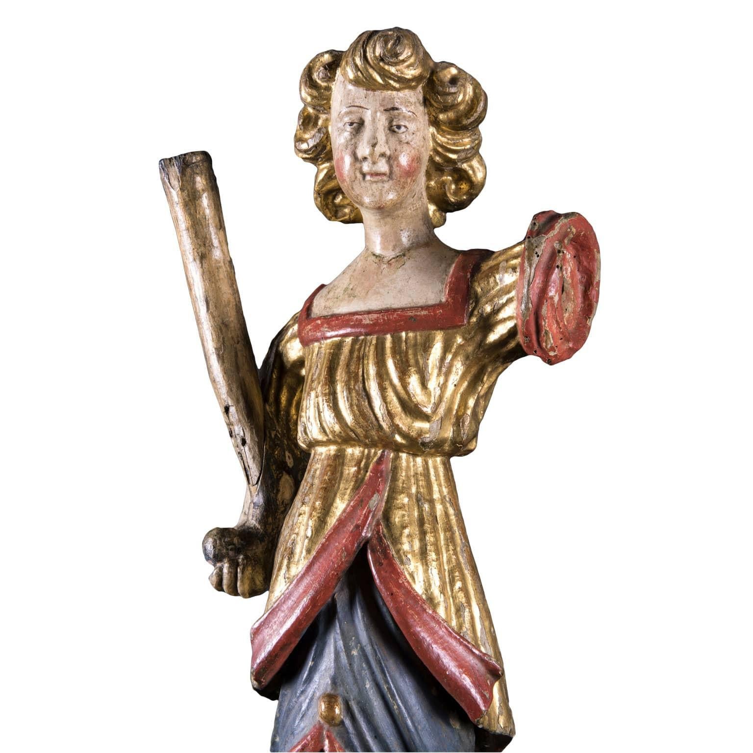 Pair of Italian Baroque Angels 17th Century Sculptured Lacquered and Gilded Figures For Sale 8
