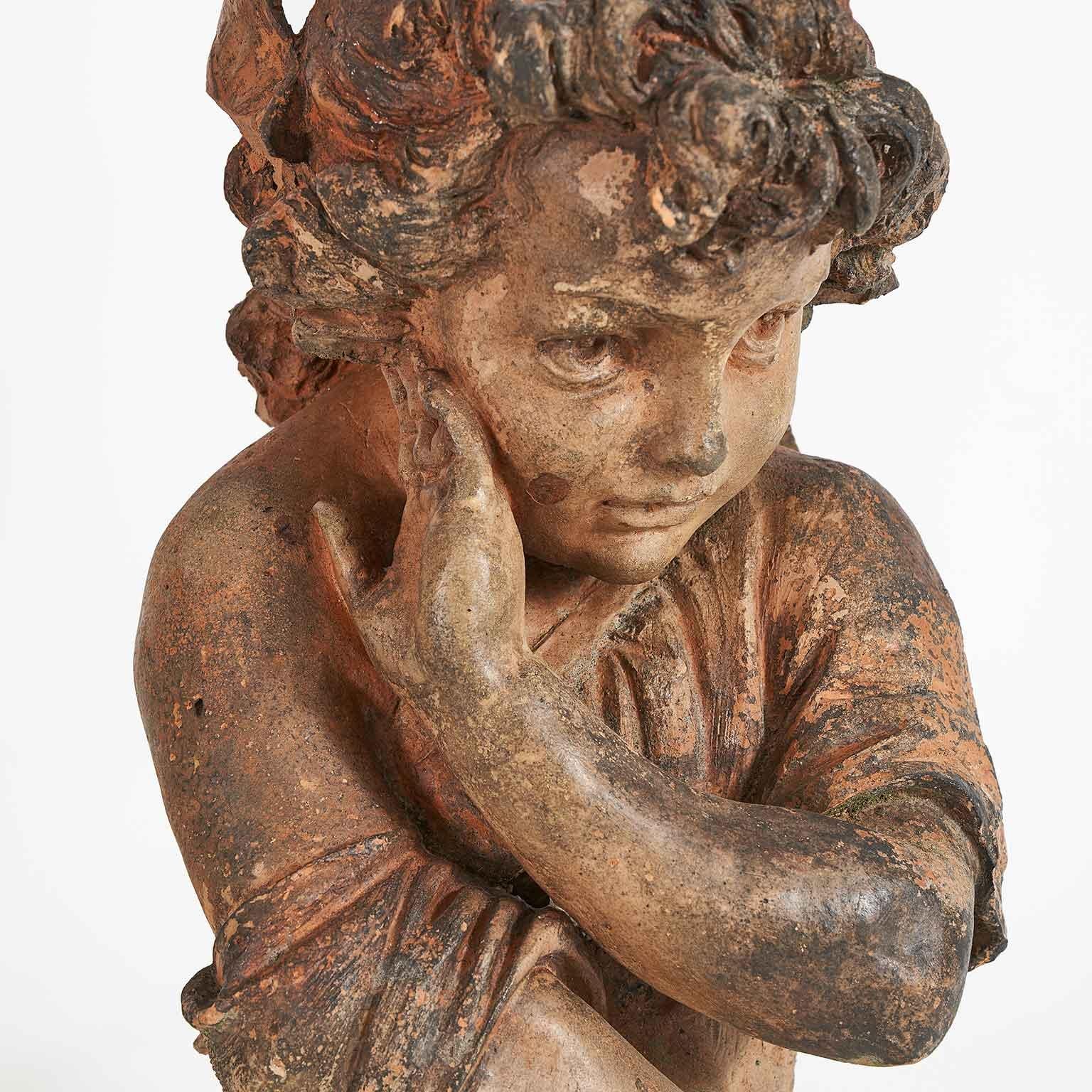 Paire de bustes romantiques italiens en terre cuite pour enfants Fin des années 1800 - Sculpture de Unknown