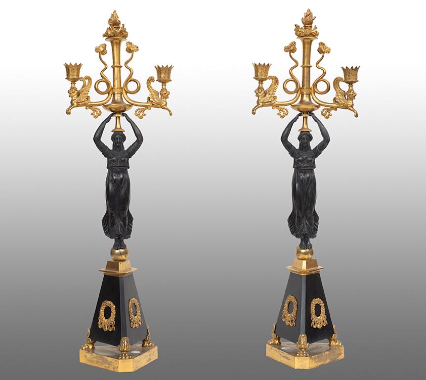 Unknown Figurative Sculpture - Pair of antique French Flambeaux (Candelabra) 19th century