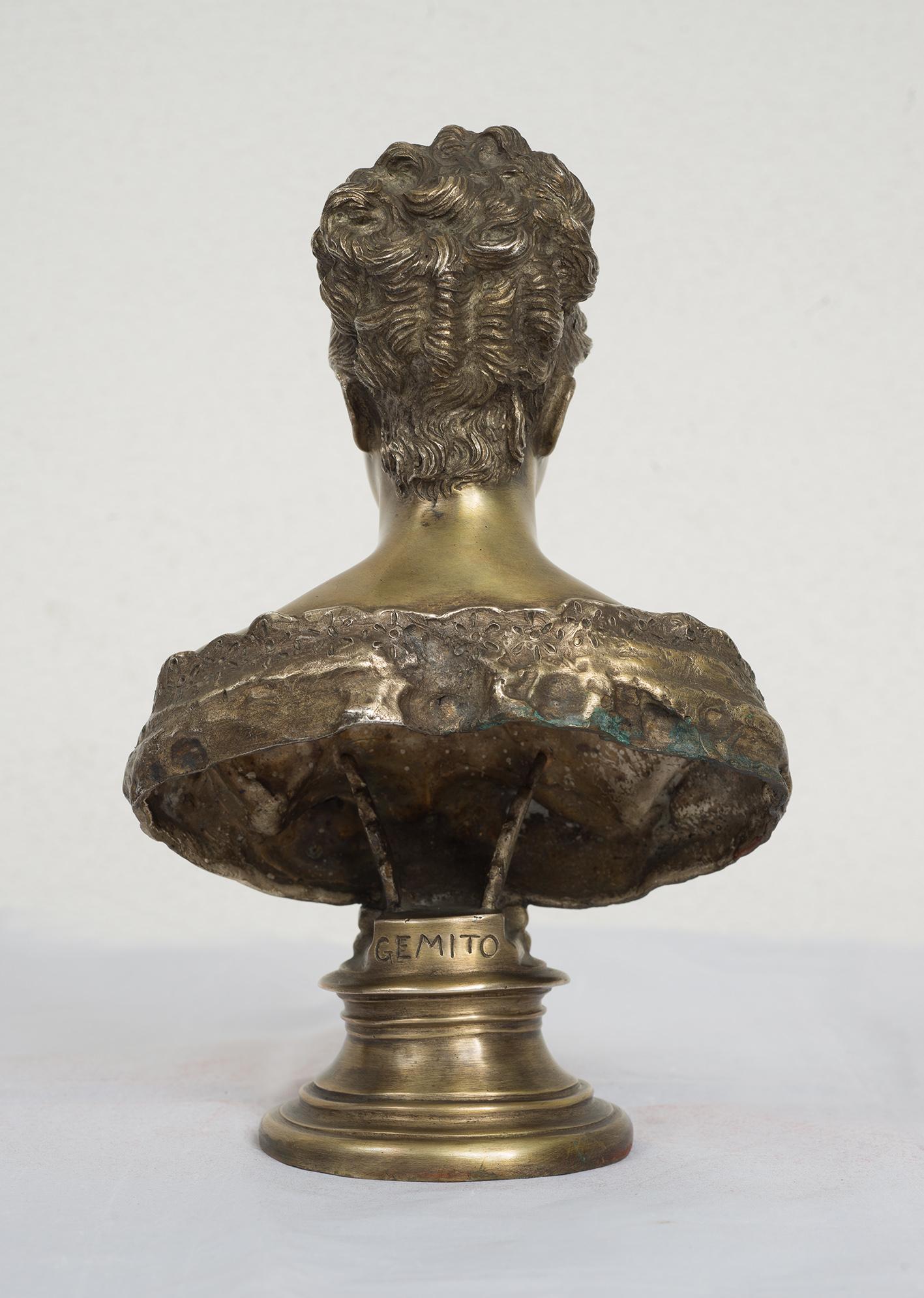 Pair of finely worked solid silver scutures signed Gemito with Chiurazzi's gallery stamp.

The woman is depicted half-length dressed in period clothing and rests on a circular base.

The man is represented shirtless and always rests on a circular
