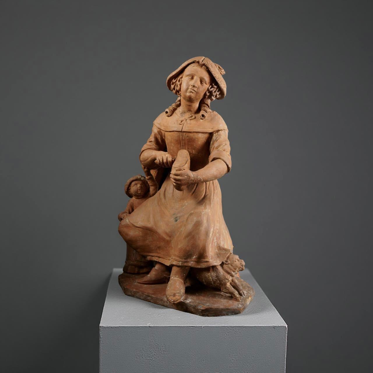 Coppia di Sculture Francesi in Terracotta Atelier di Parigi  XVII secolo - Figurative Sculpture Gray di Unknown