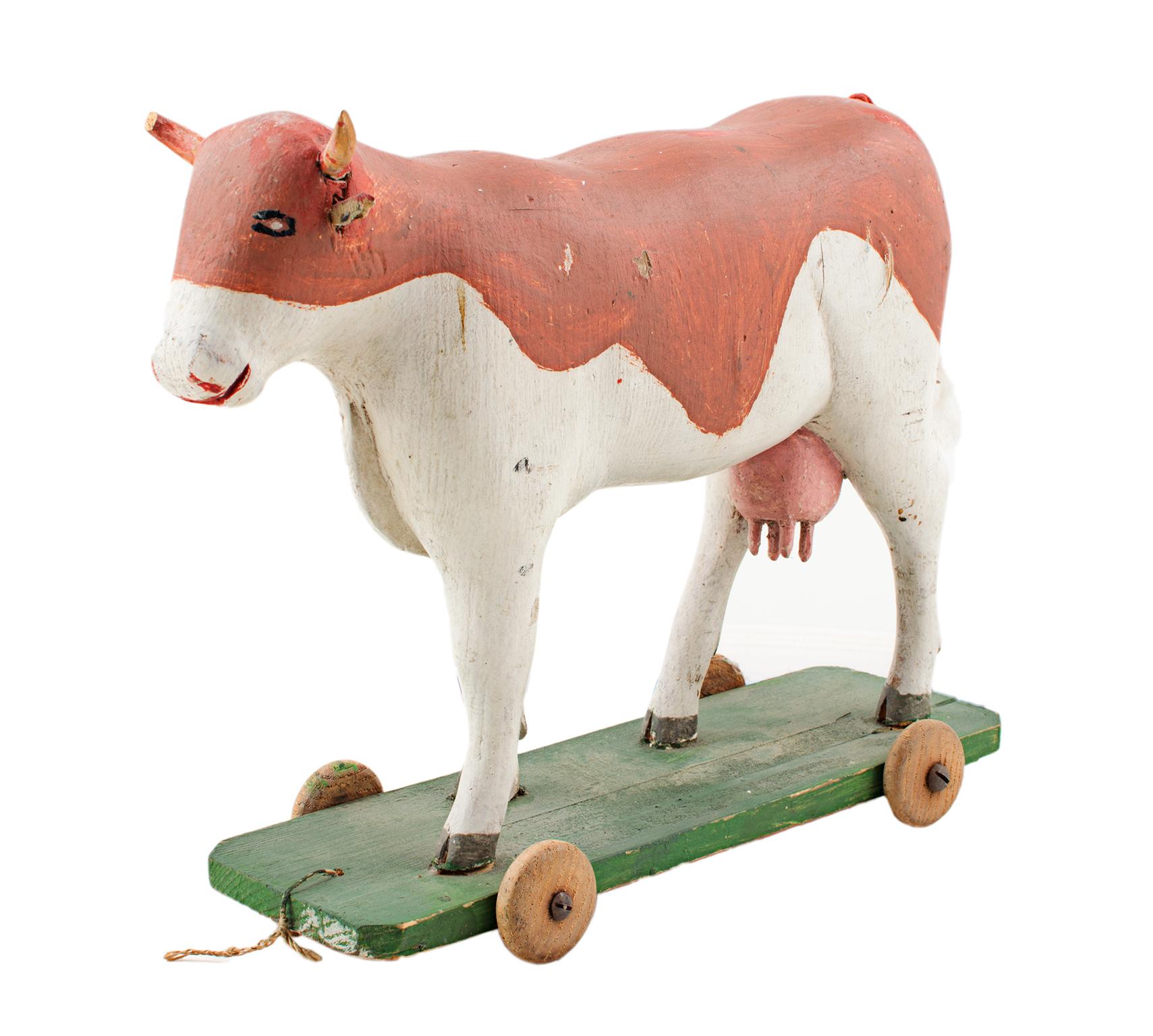"Cow Pull Toy - Folk Art, " Carved and Painted Wood created circa 1930  - Sculpture by Unknown