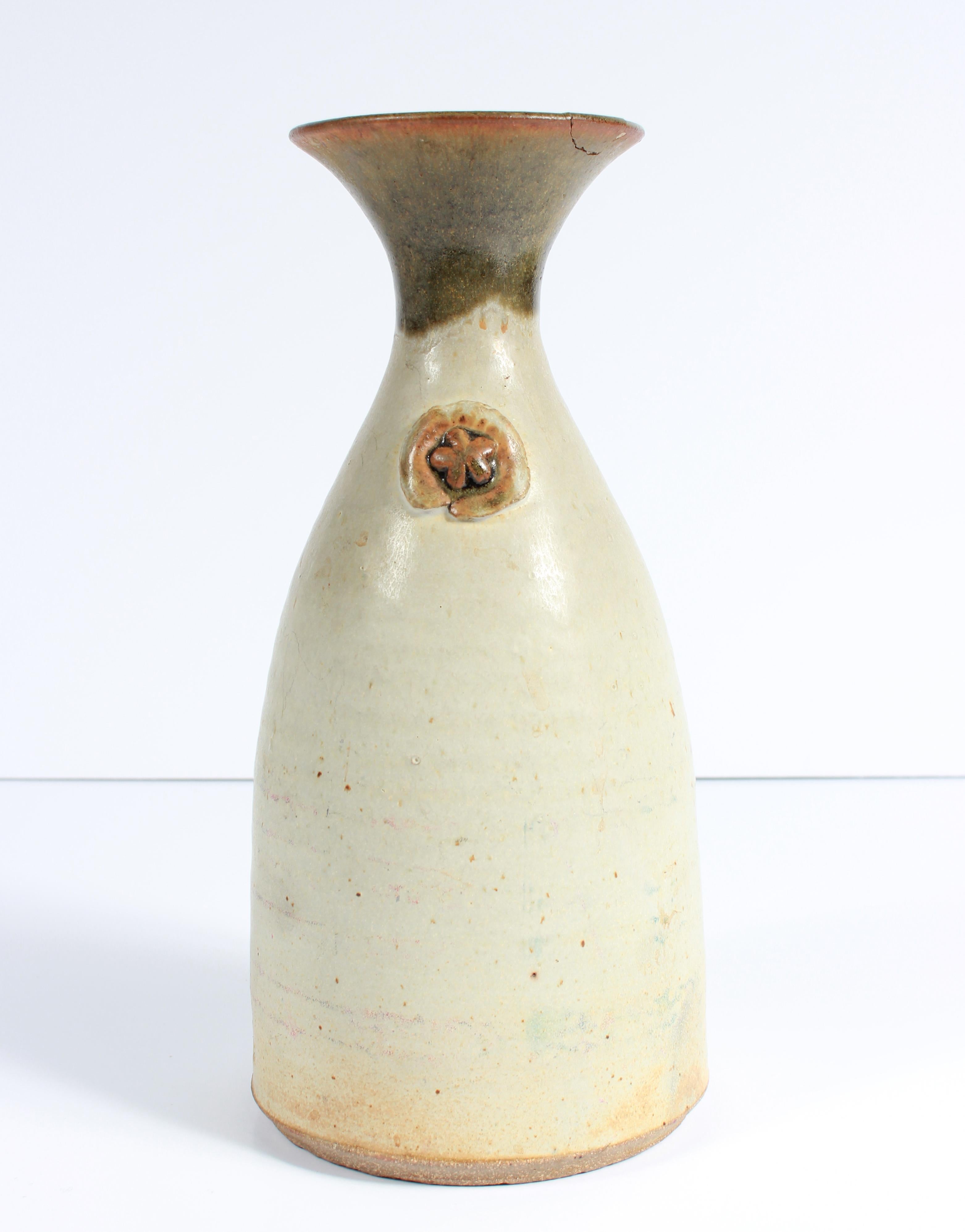 Unknown Abstract Sculpture - Cream-Colored Vase with Flower Detail 1973 Stone Ground Ceramic