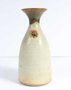 Cream-Colored Vase with Flower Detail 1973 Stone Ground Ceramic