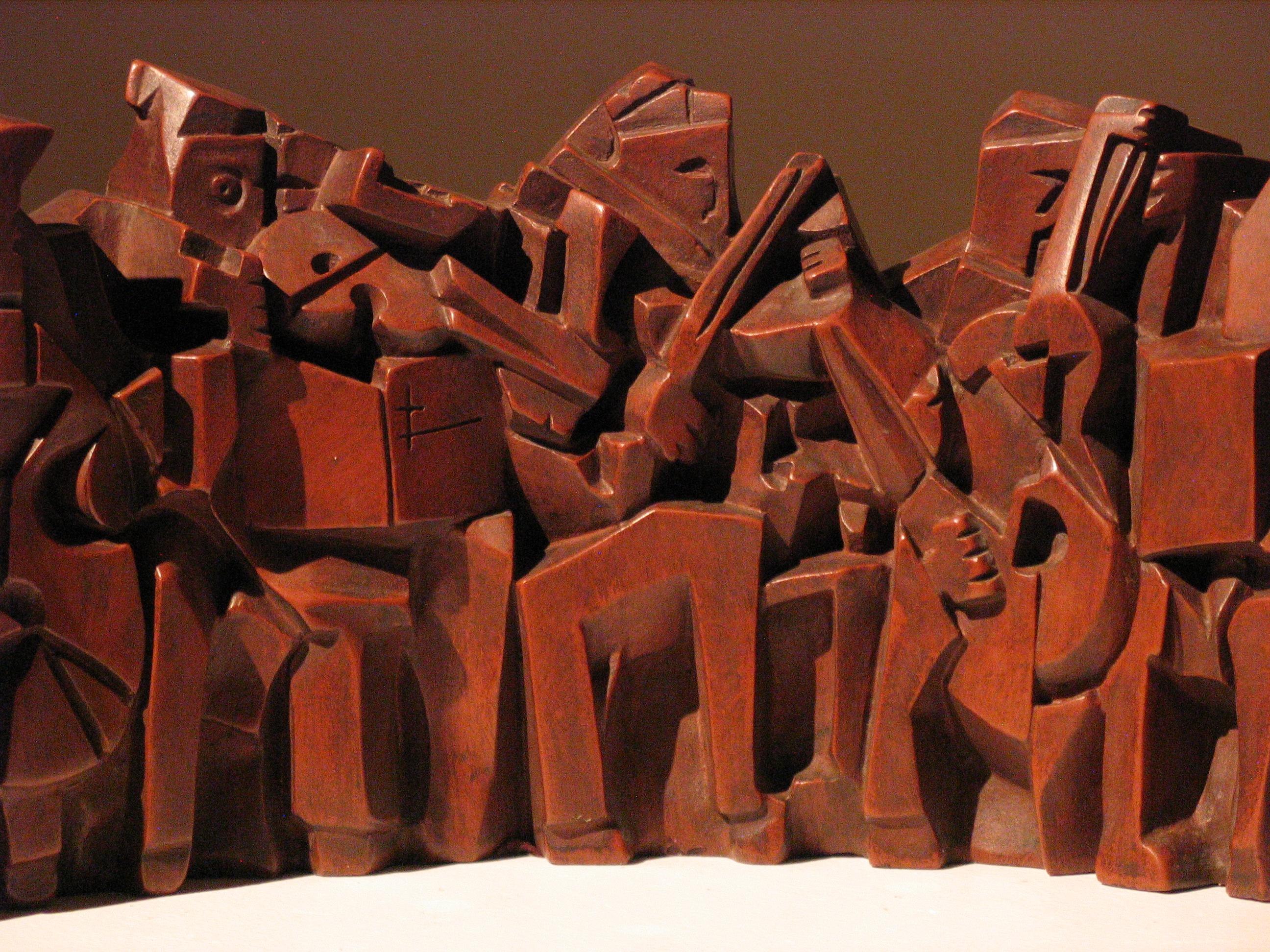 Kubistische Musiker in Mahagoni- und Kirschbaumholztönen (Kubismus), Sculpture, von Unknown