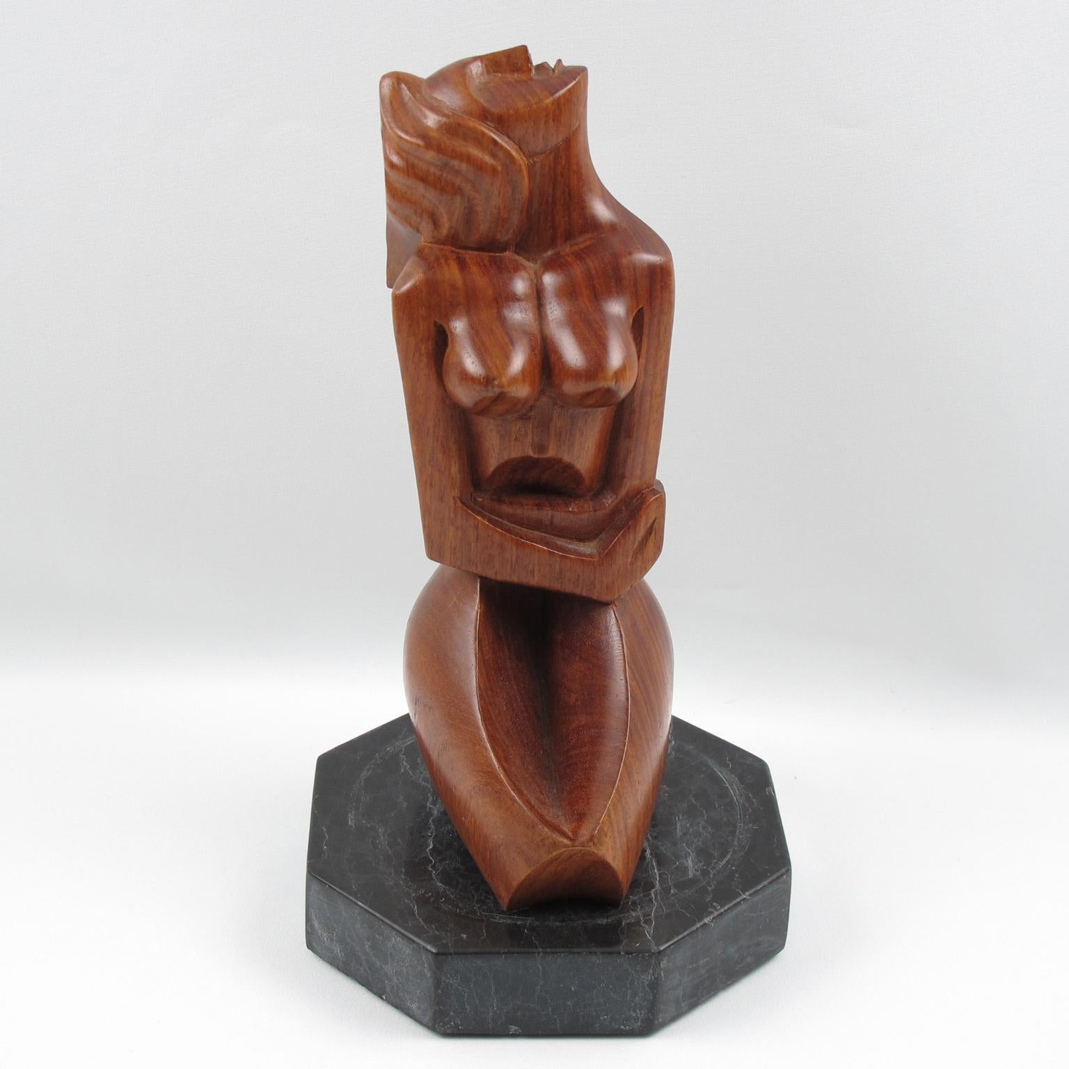 Cubist Nude Woman Wooden Sculpture on Marble Base 9