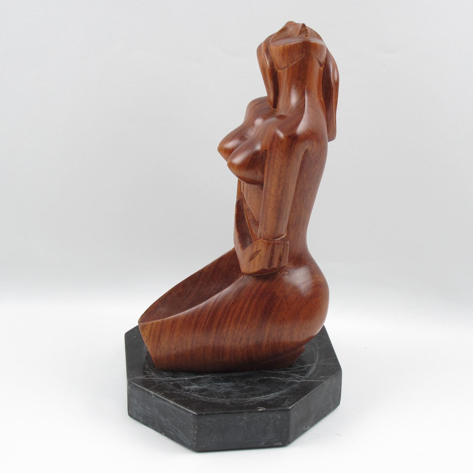 Cubist Nude Woman Wooden Sculpture on Marble Base 1