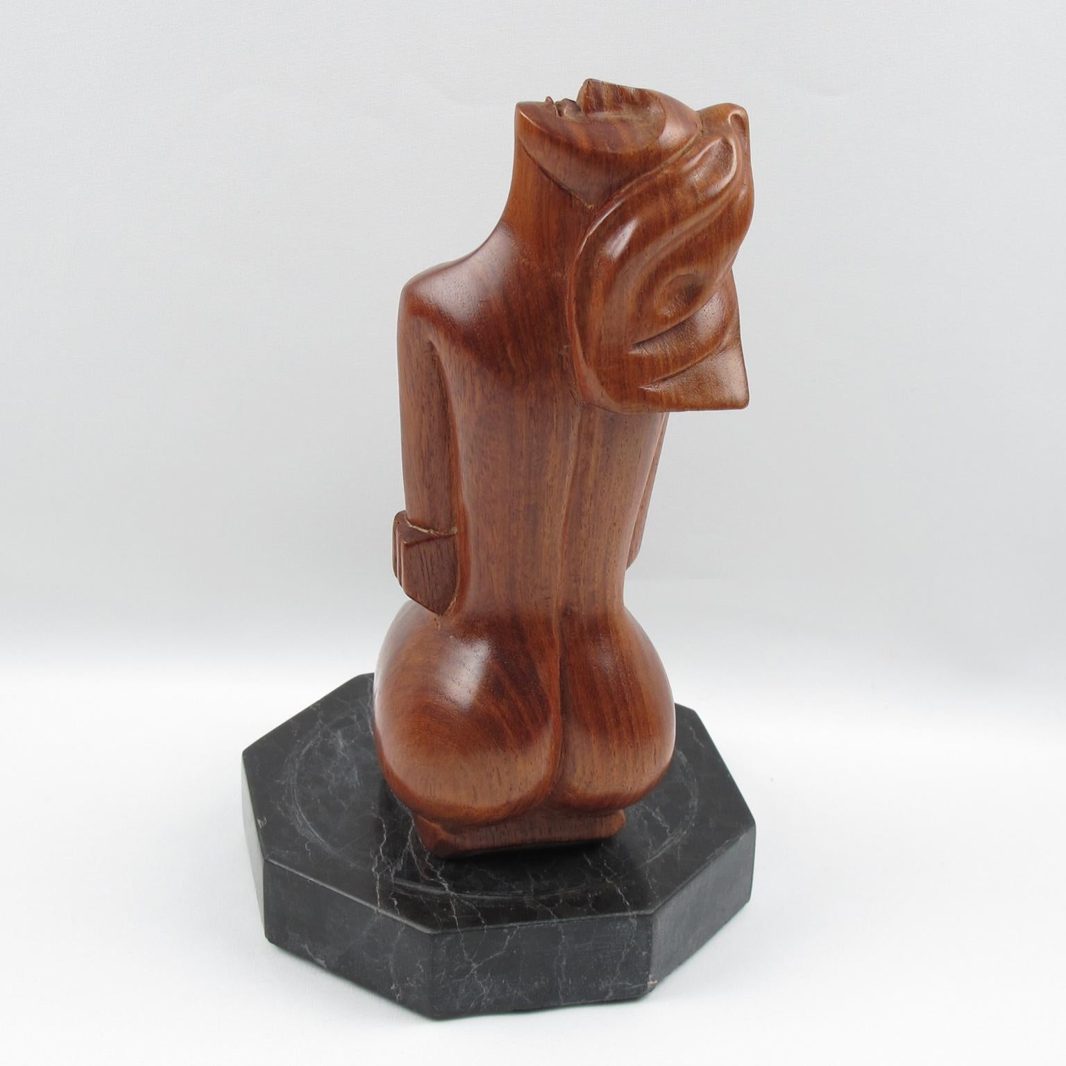 Cubist Nude Woman Wooden Sculpture on Marble Base 2