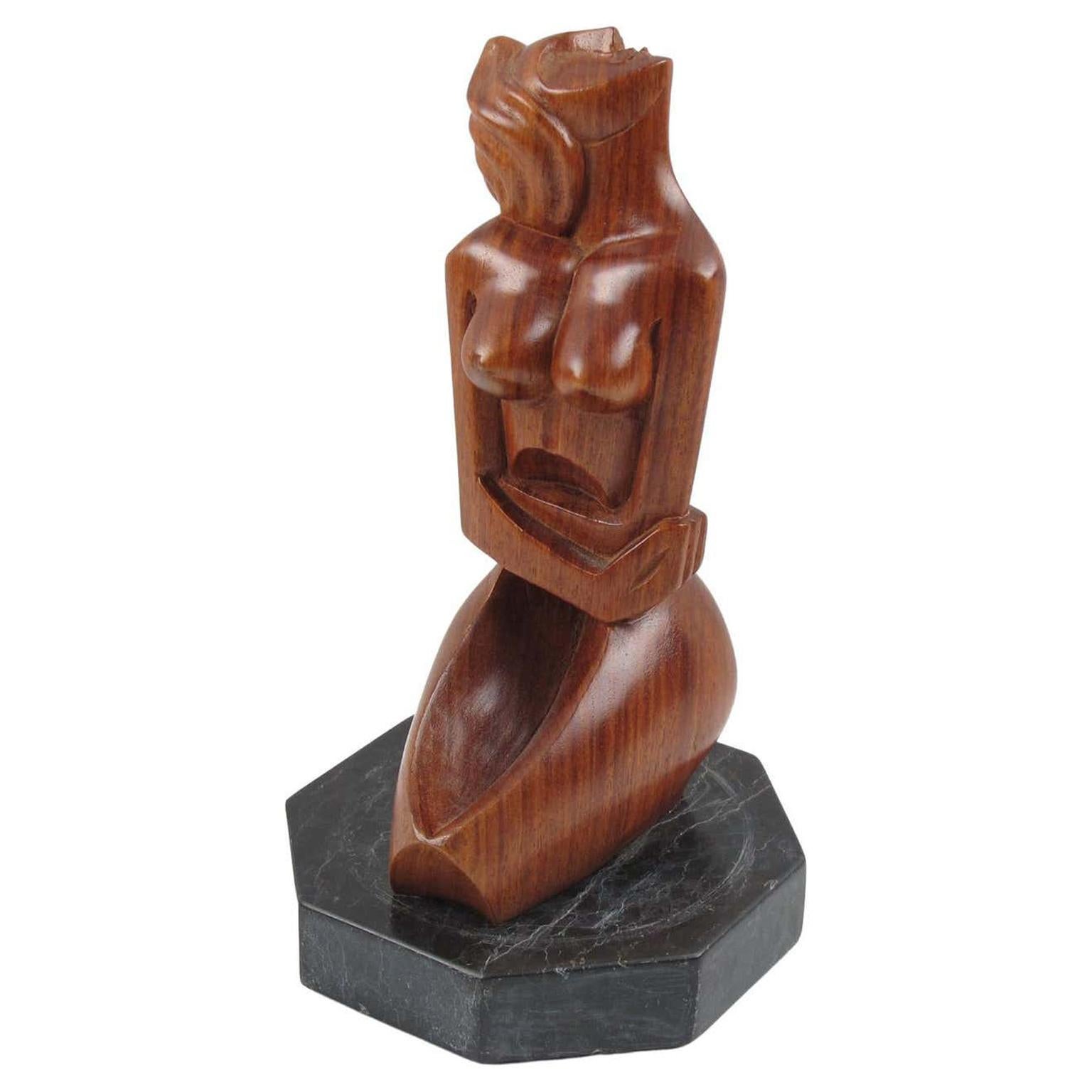 Cubist Nude Woman Wooden Sculpture on Marble Base