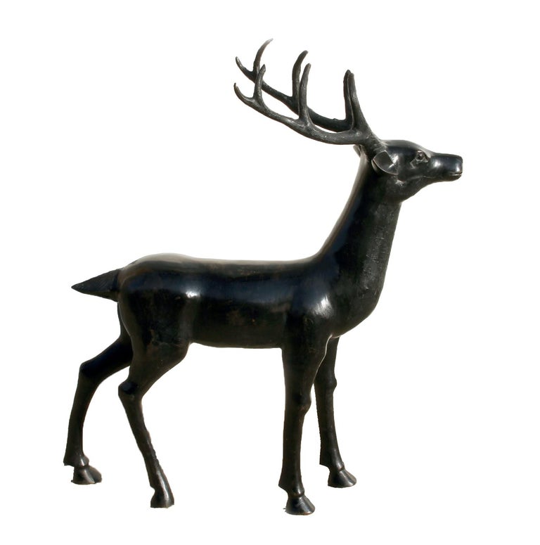 This bronze sculpture of a deer is a realistic rendering of the majestic animal.  Deer have been the center of literature and art for many cultures across the world.  They have also long had an economic significance to humans, such as hunting for
