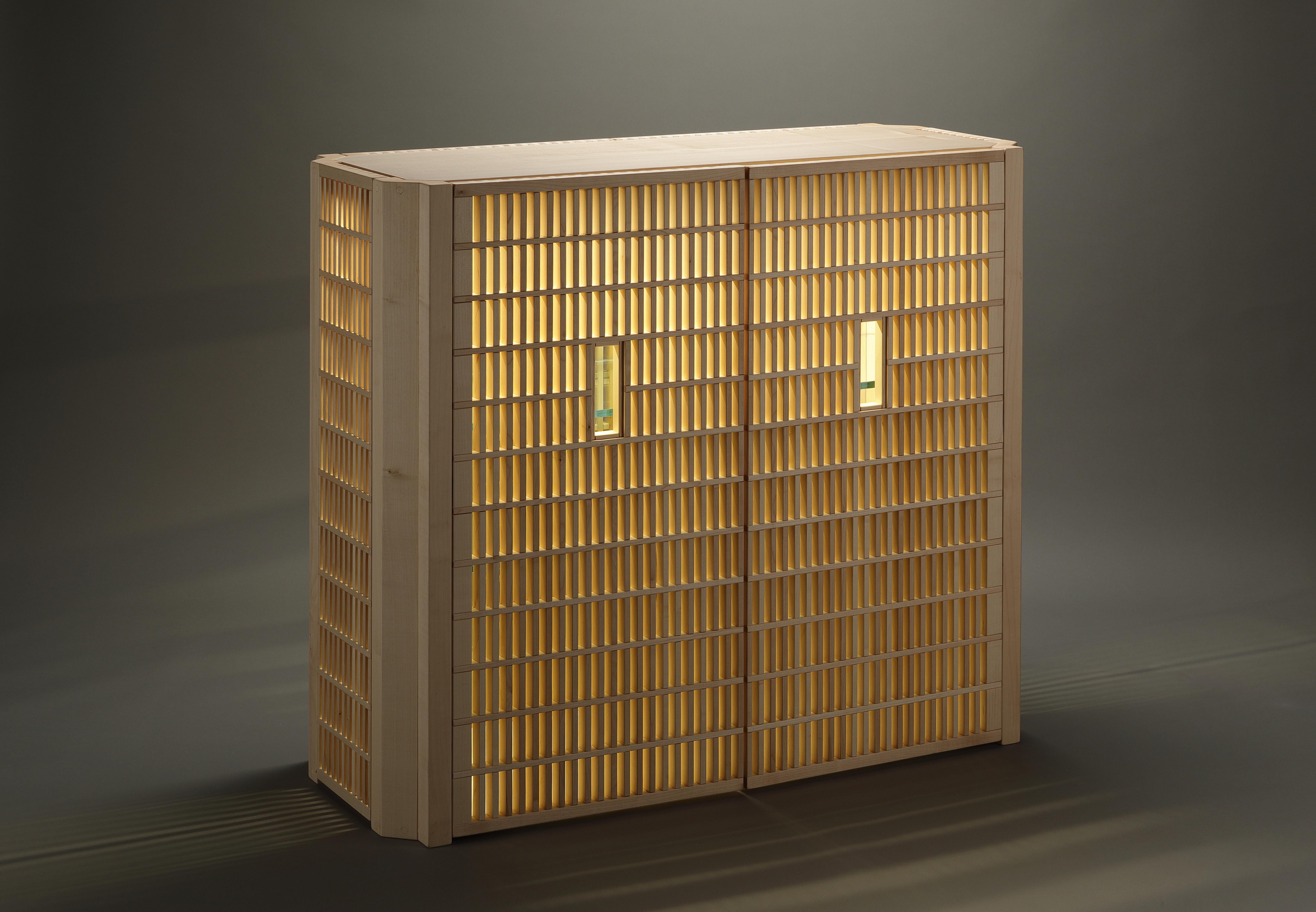 Design made in Italy duckboard bar cabinet in marple wood, fine details For Sale 1