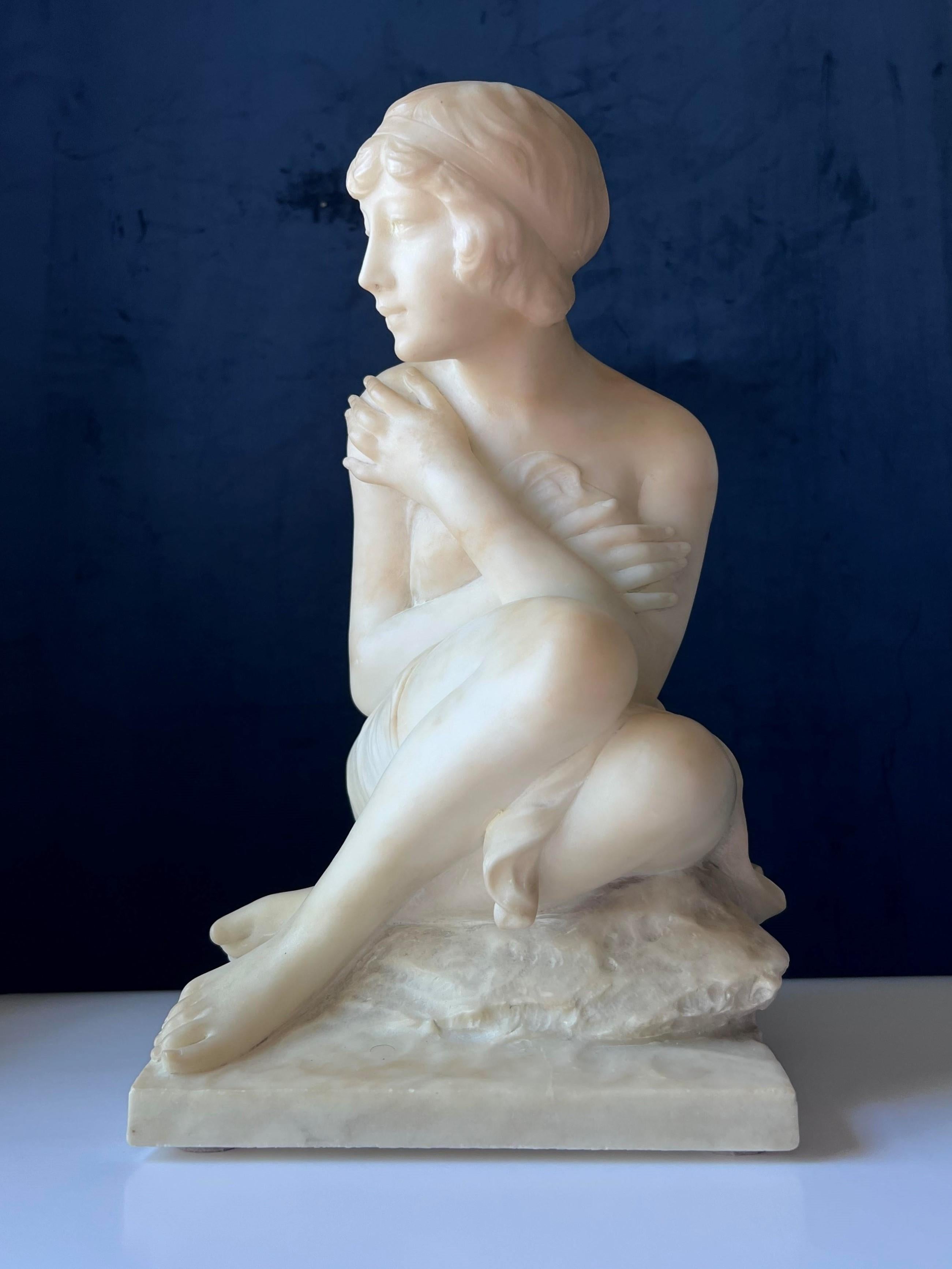 Early 20th C Alabaster Sculpture of a Seated Female Bather.  For Sale 4