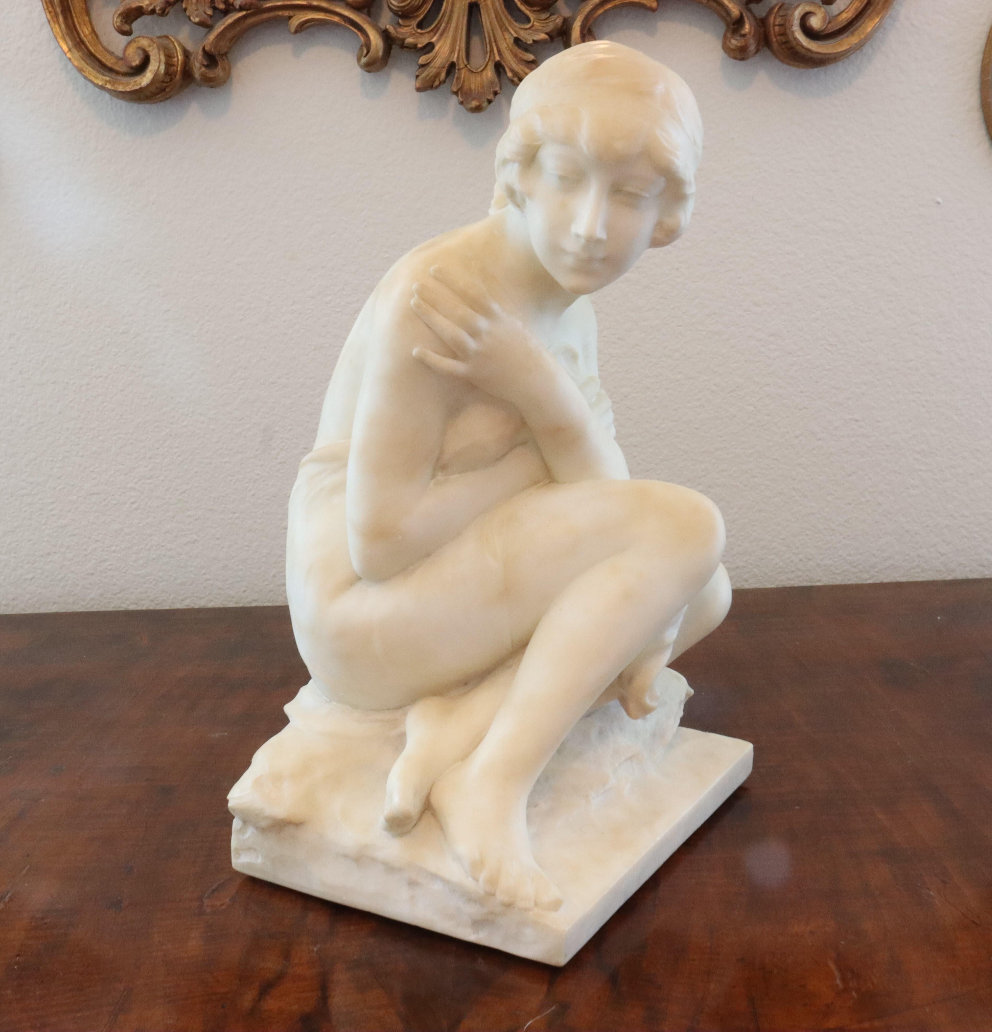 Early 20th C Alabaster Sculpture of a Seated Female Bather. 