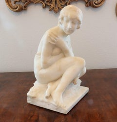 Antique Early 20th C Alabaster Sculpture of a Seated Female Bather. 
