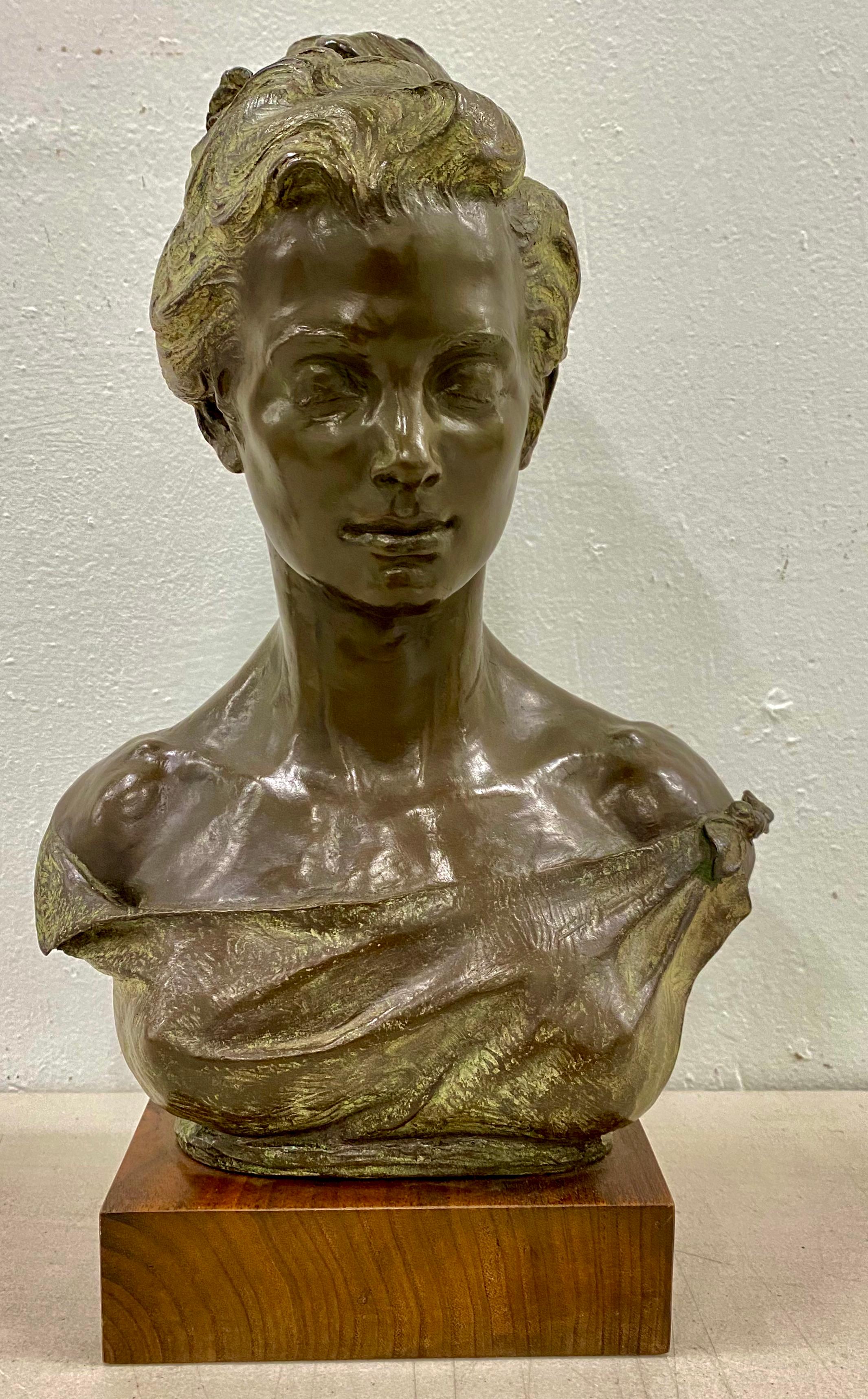 Unknown Figurative Sculpture - Early 20th Century Bronze Bust of an Elegant Young Woman C.1916
