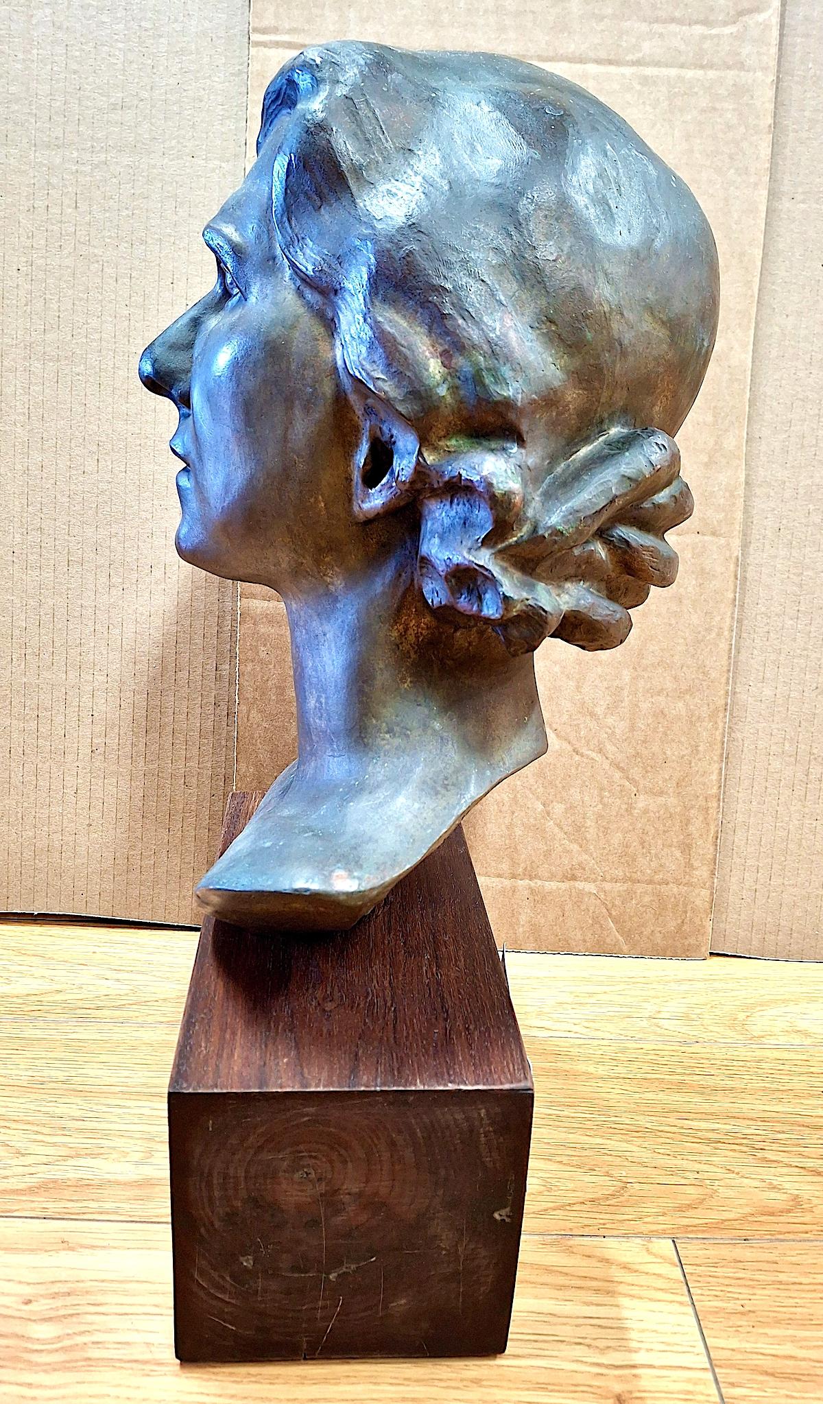 Early 20th-century Female Bronze Bust on Stand by Oliver Grymes - Sculpture by Unknown