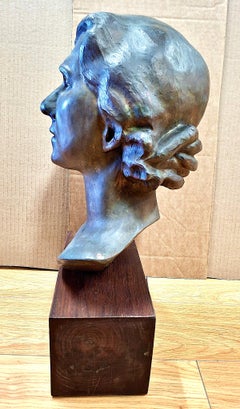 Early 20th-century Female Bronze Bust on Stand by Oliver Grymes