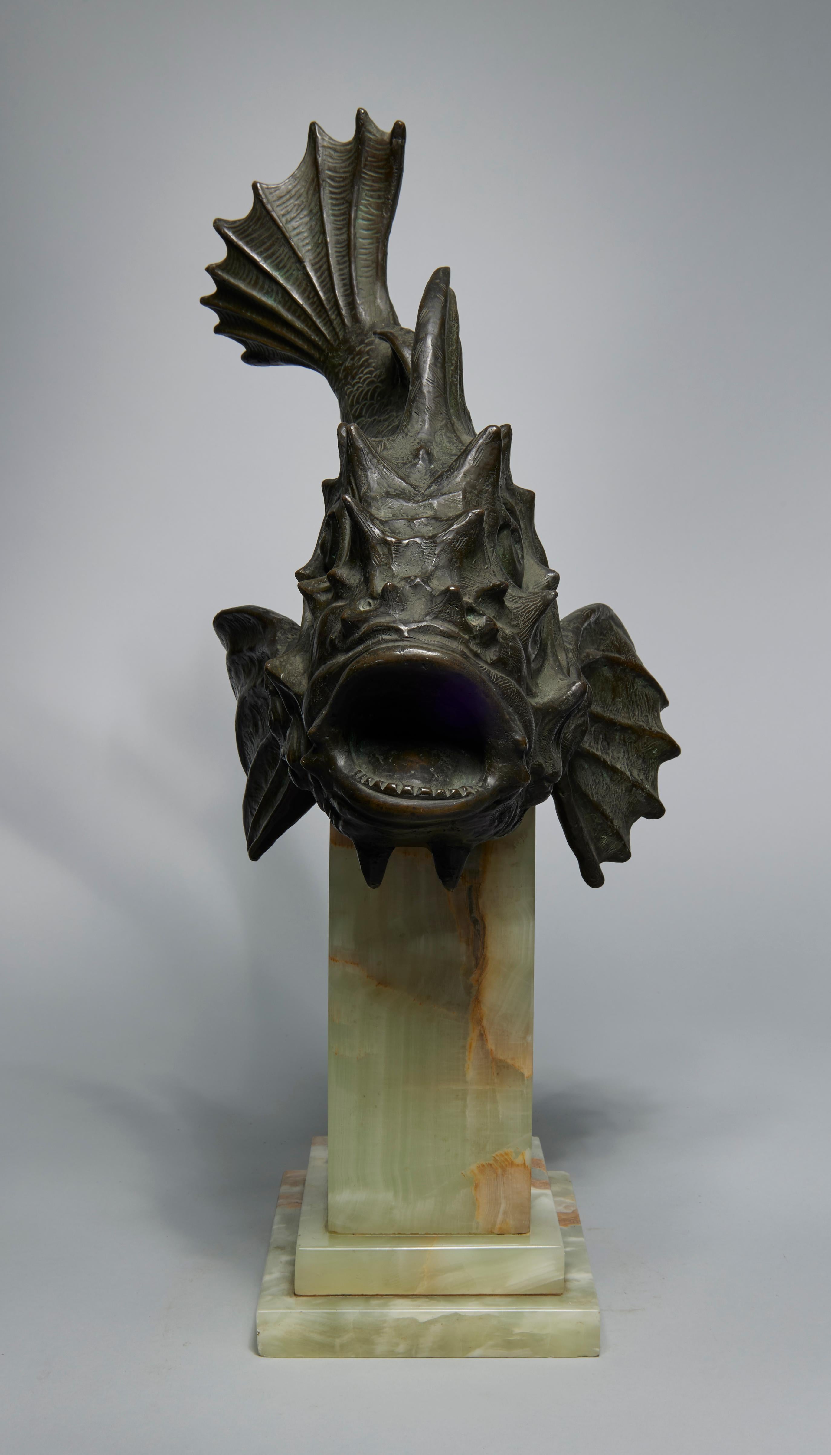 Early 20th Century Modern Bronze Scorpion Fish on Marble Base - Gold Figurative Sculpture by Unknown