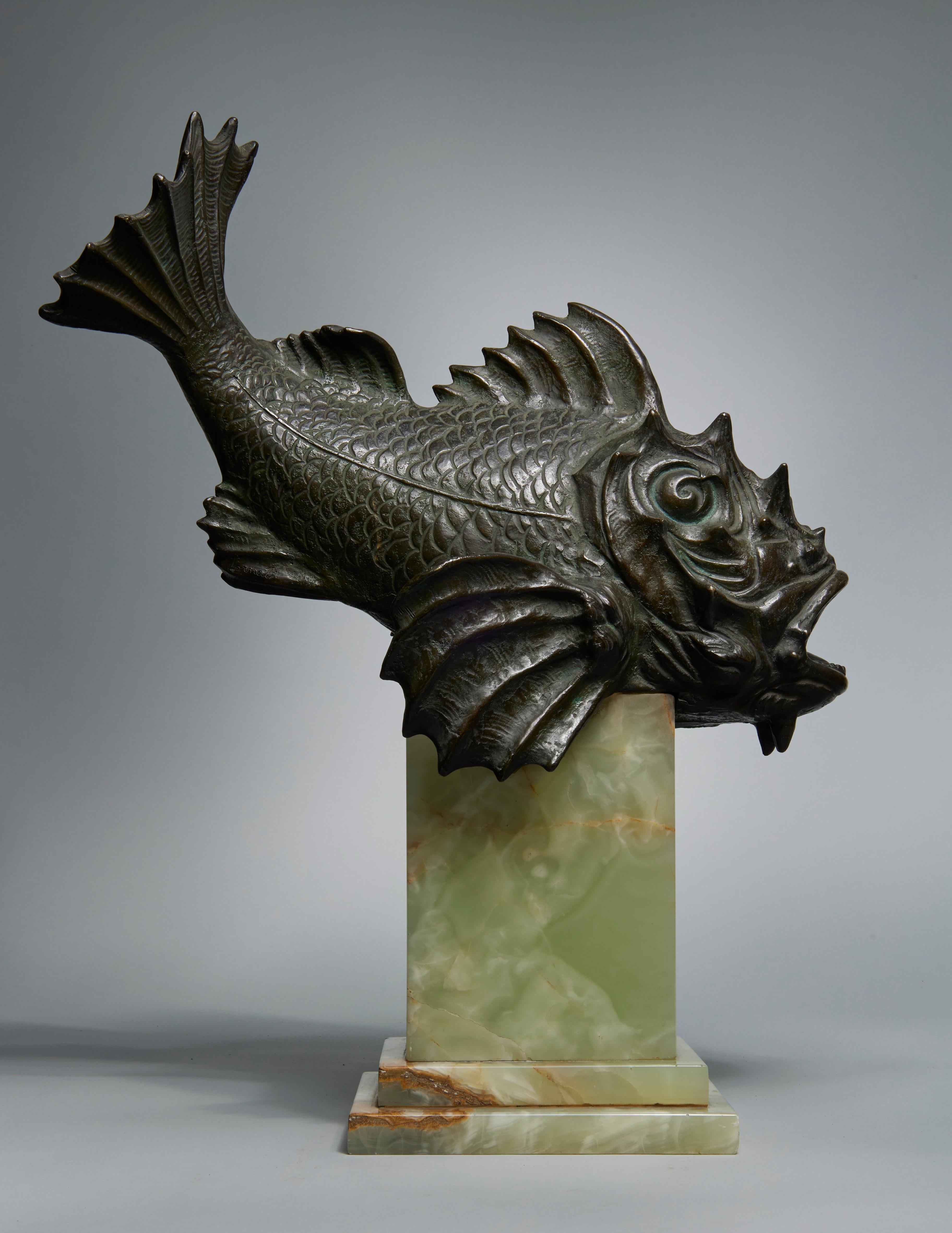 Unknown Figurative Sculpture - Early 20th Century Modern Bronze Scorpion Fish on Marble Base