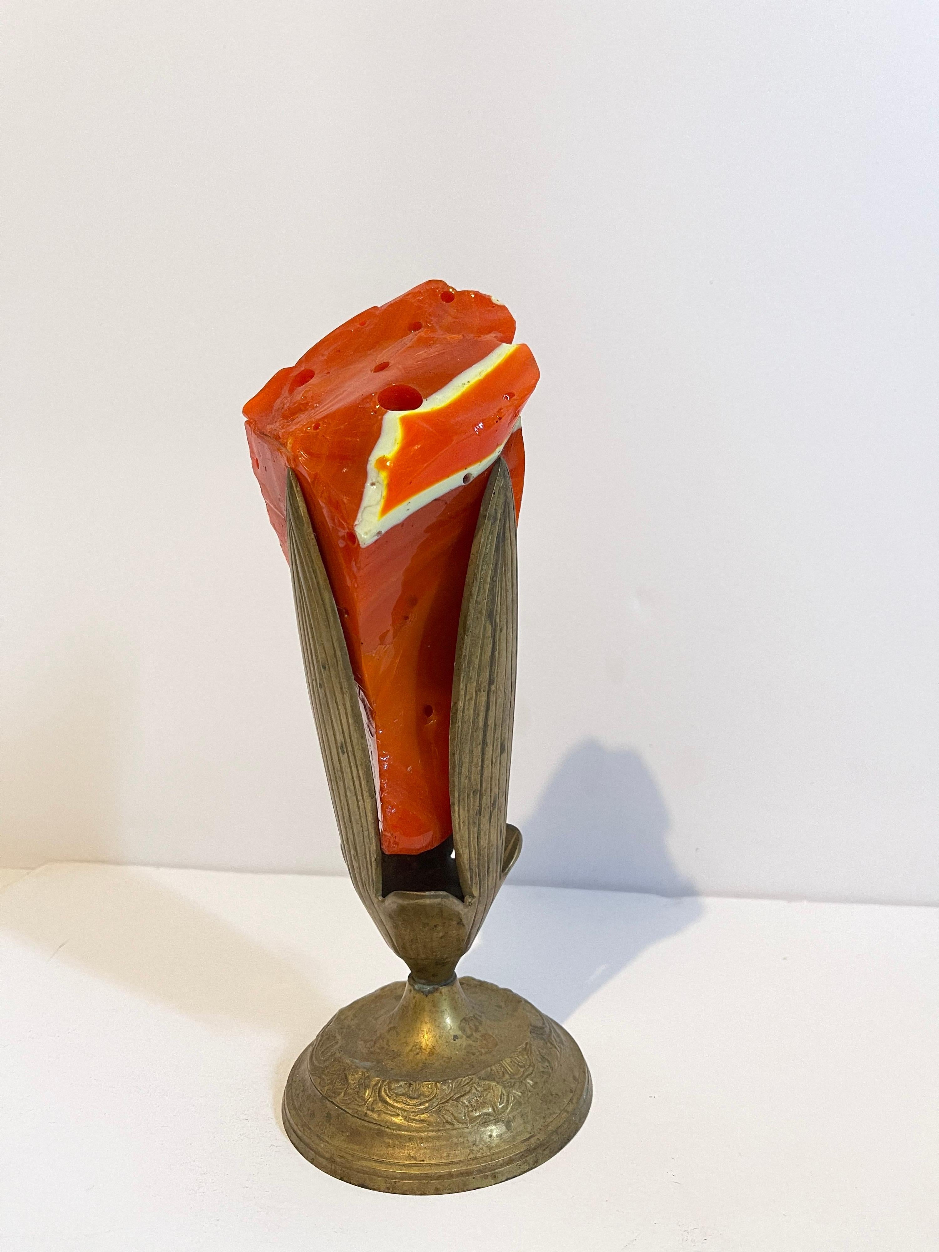 This piece appears unsigned and unmarked. It came from an important estate in the Palm Beach area.
It is an abstract flame or torch in a bronze vase.

Venetian glass (Italian: vetro veneziano) is thought to have been made for over 1,500 years, and