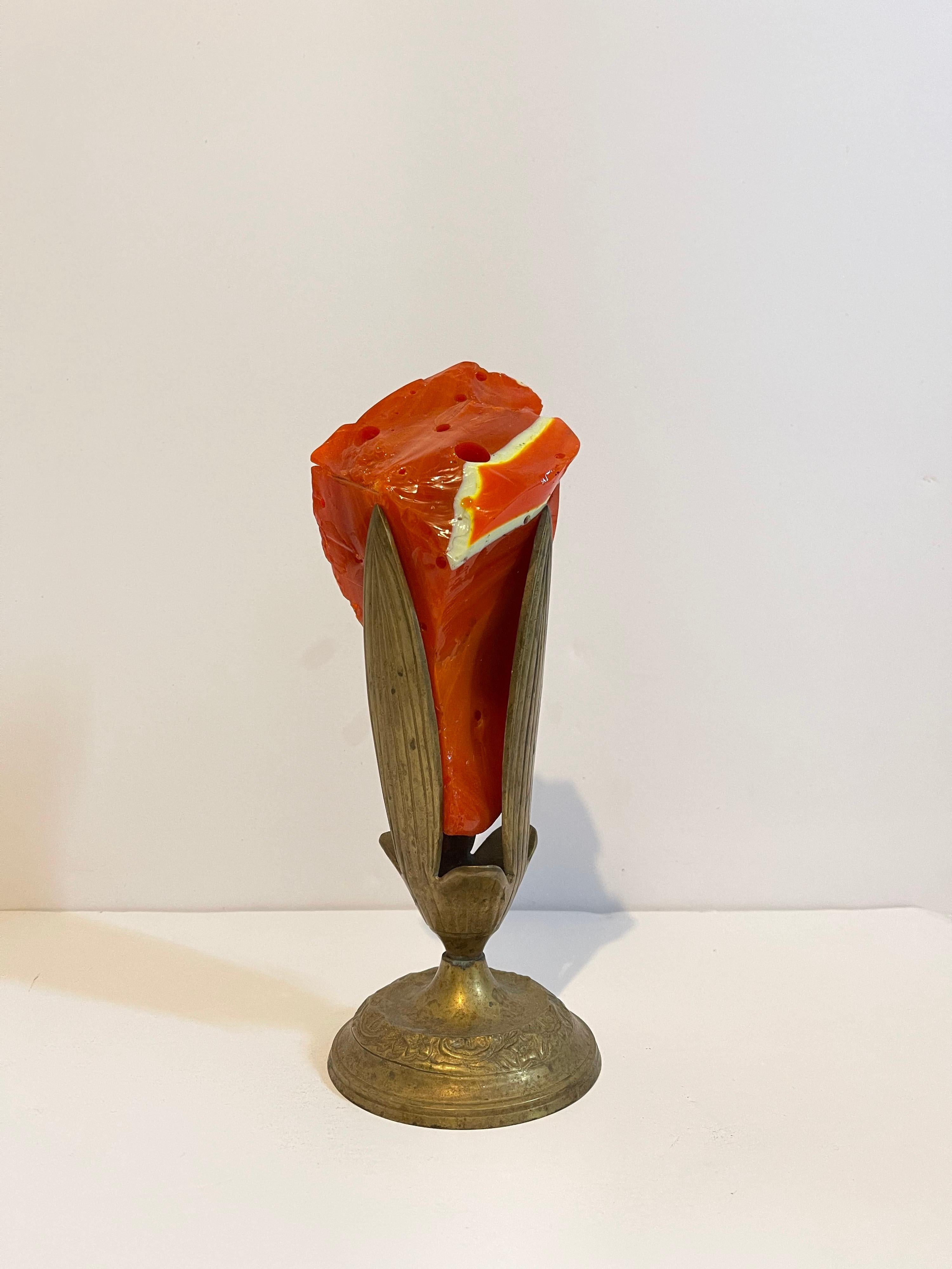 Early Murano Glass Free Form Abstract Blown, Cut, Glass Sculpture in Bronze Vase For Sale 1