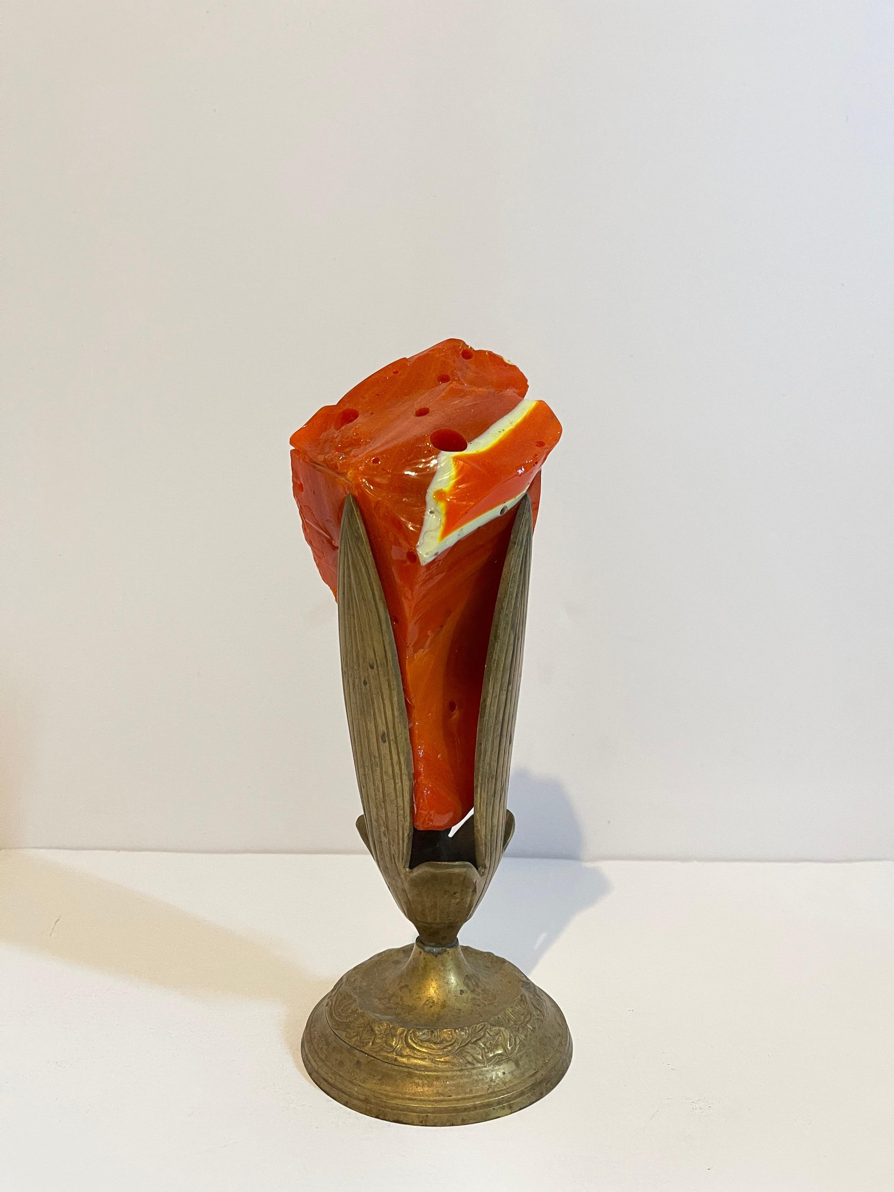 Early Murano Glass Free Form Abstract Blown, Cut, Glass Sculpture in Bronze Vase For Sale 2