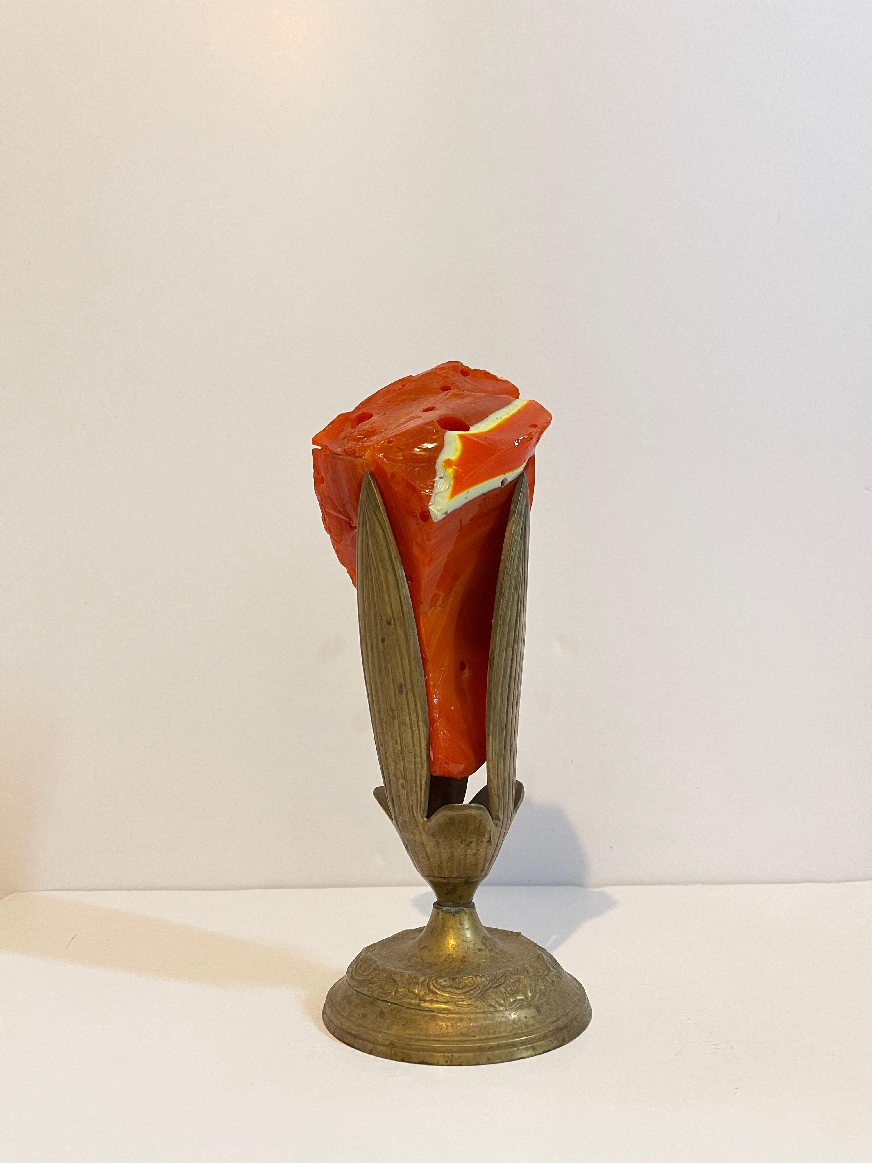 Early Murano Glass Free Form Abstract Blown, Cut, Glass Sculpture in Bronze Vase For Sale 3