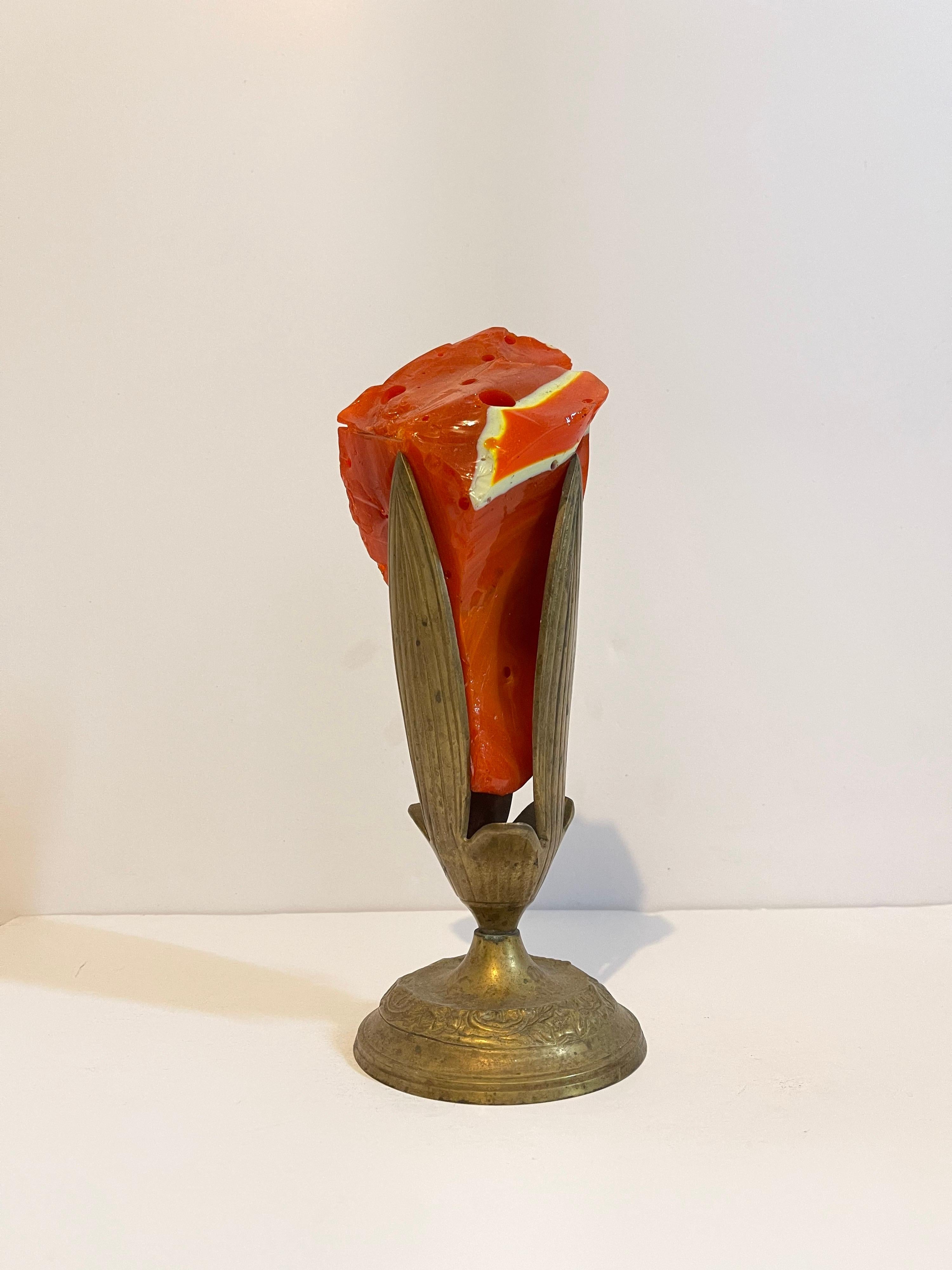 Early Murano Glass Free Form Abstract Blown, Cut, Glass Sculpture in Bronze Vase For Sale 4