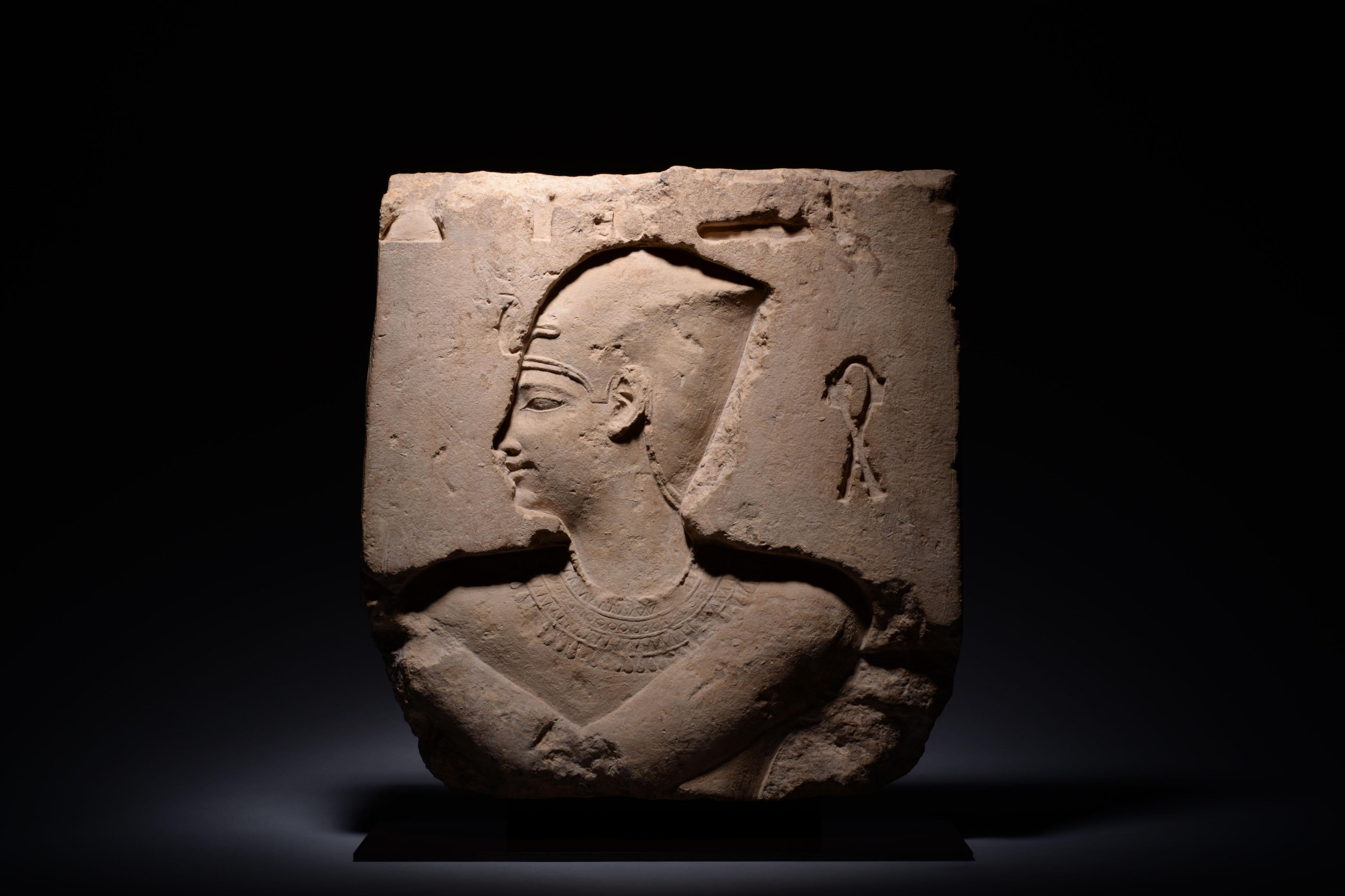 Unknown Figurative Sculpture - Early Ptolemaic Egyptian Limestone Relief depicting a Pharaoh