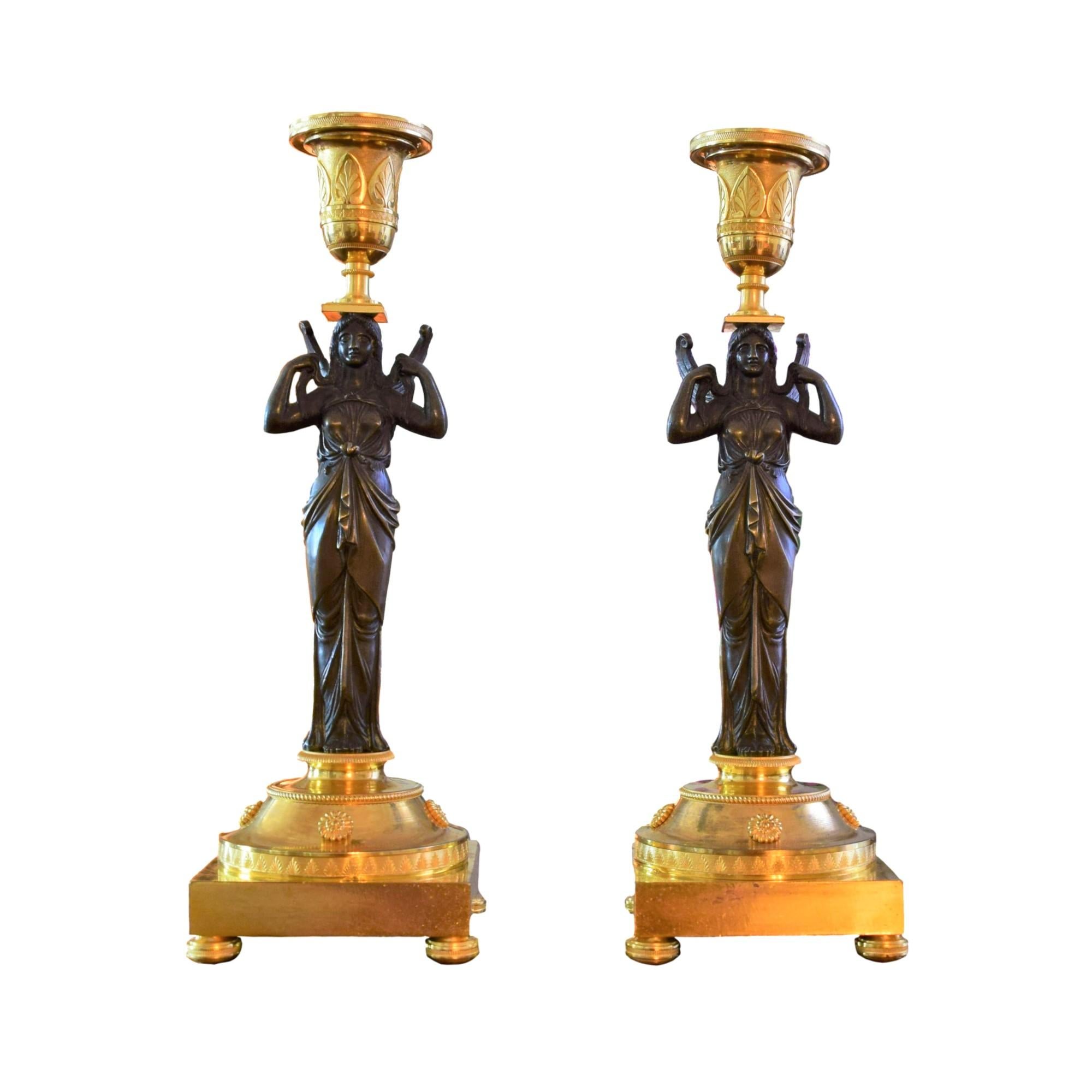 Elegant Pair of Gilt and Patinated Bronze French 1st Empire Candlesticks