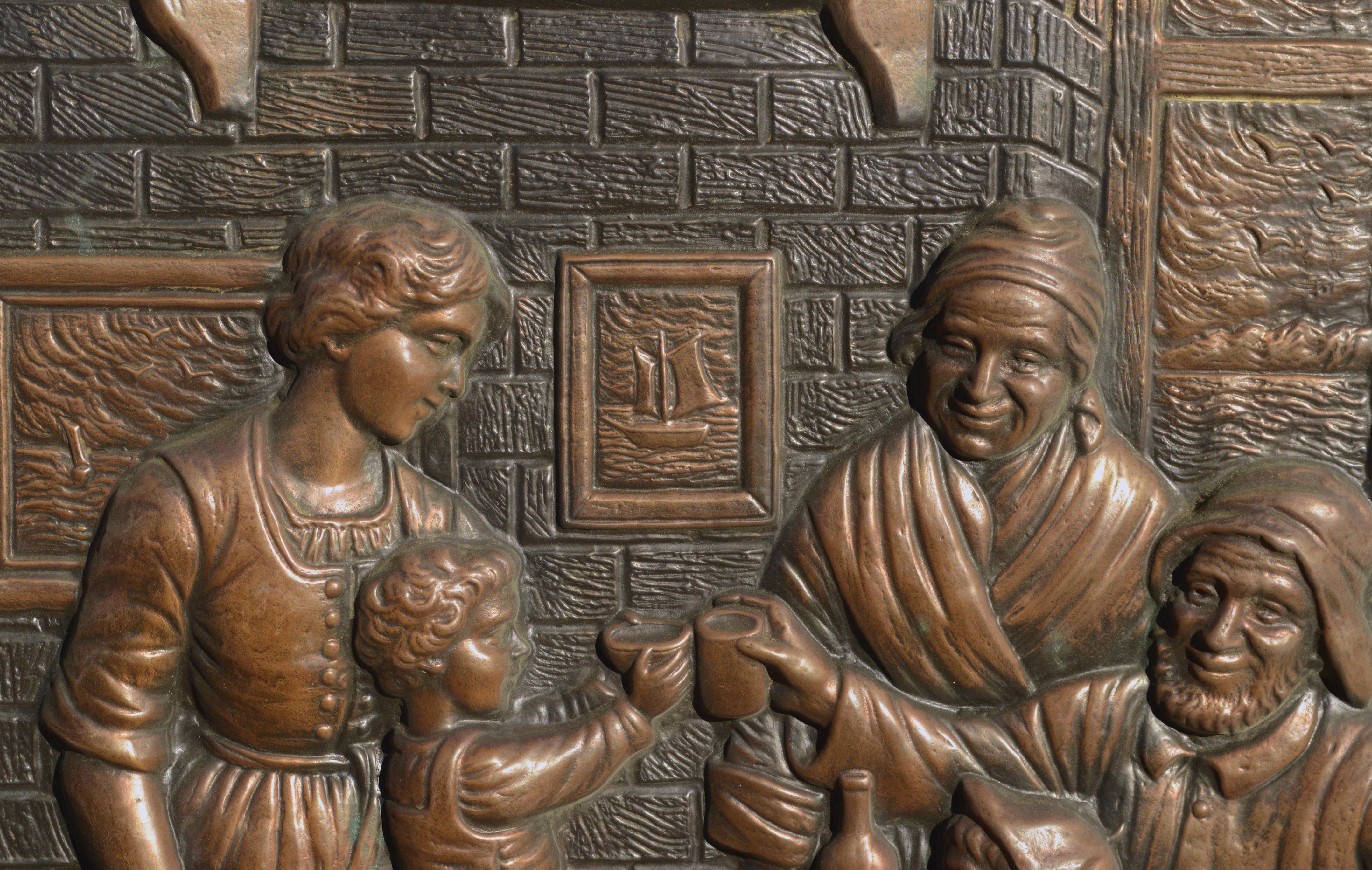 Embossed Copper Repousse Plaque - Family Dinner Scene - Sculpture by Unknown