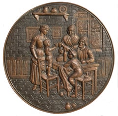 Embossed Copper Repousse Plaque - Family Dinner Scene