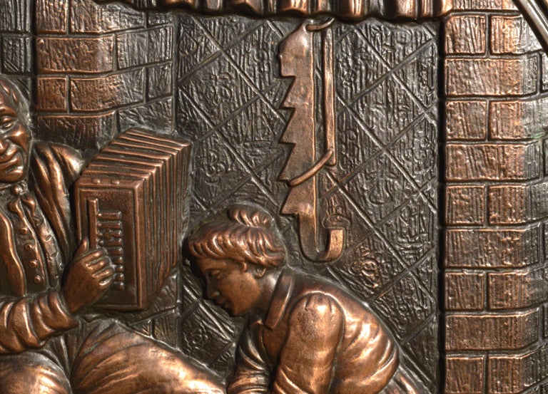 Unknown Embossed Copper Repousse Plaque Family Hearth Scene For