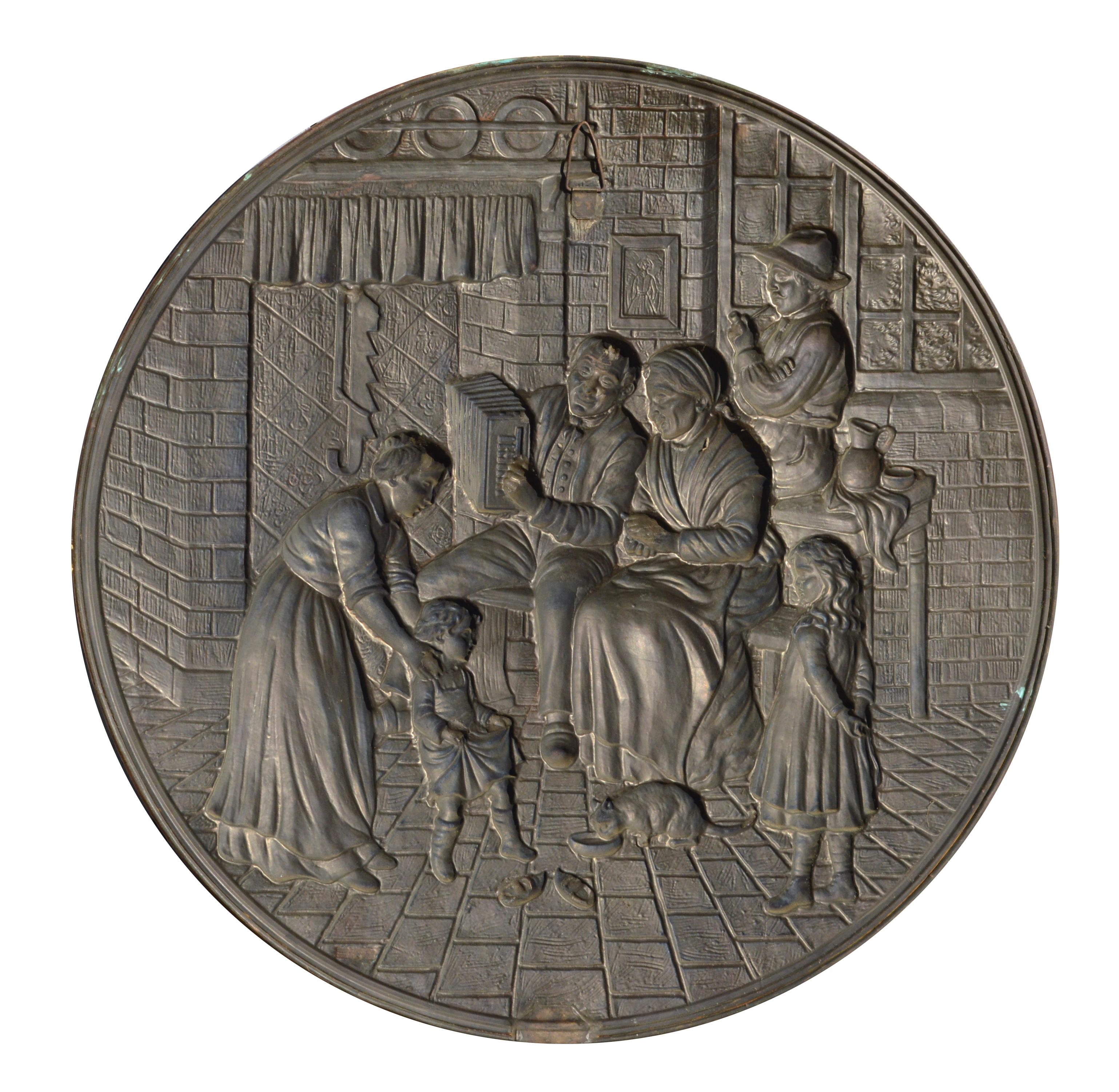 Embossed Copper Repousse Plaque - Family Hearth Scene - Renaissance Sculpture by Unknown