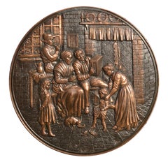 Embossed Copper Repousse Plaque - Family Hearth Scene