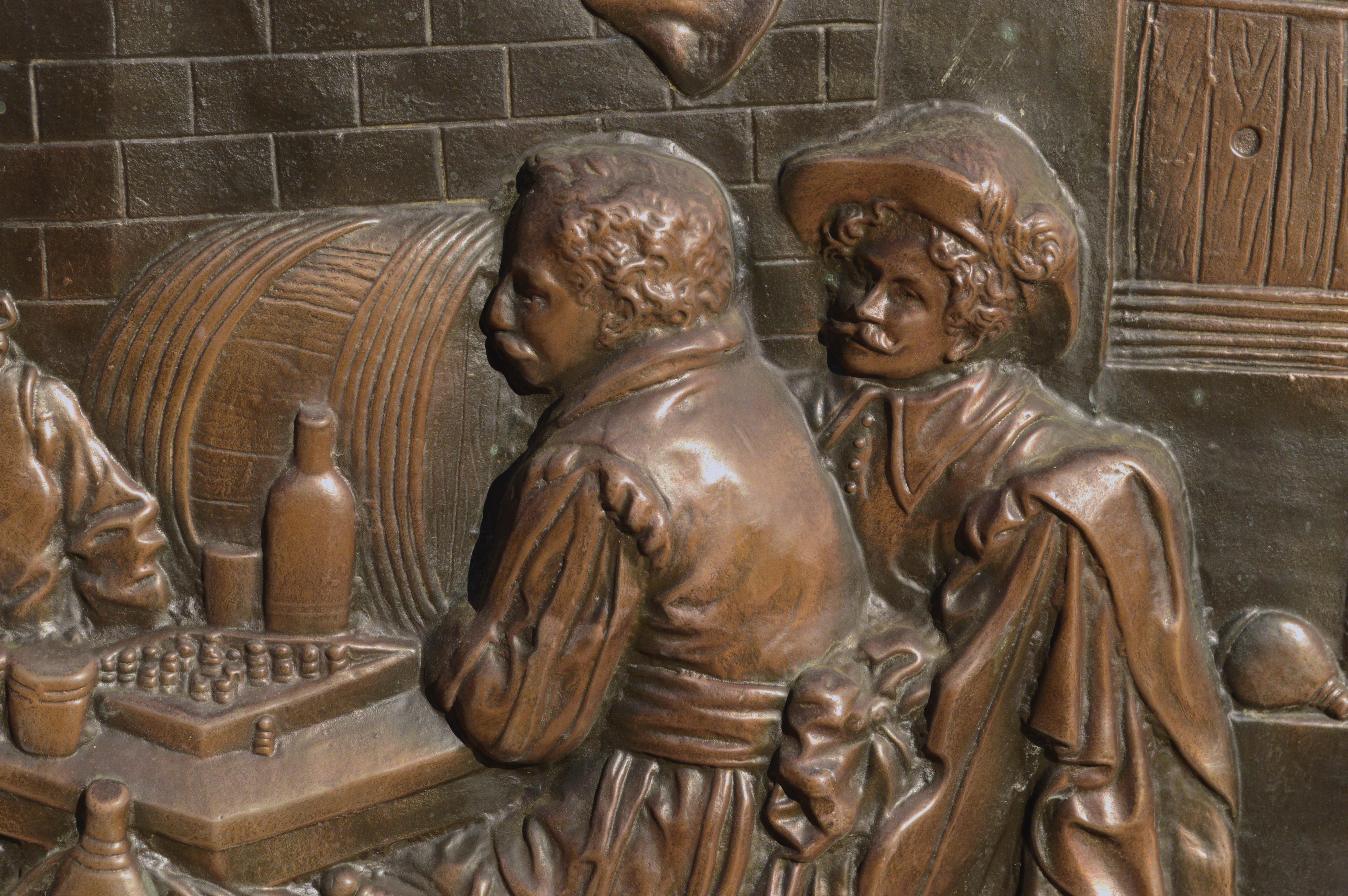 Embossed Copper Repousse Plaque - Tavern Scene - Renaissance Sculpture by Unknown
