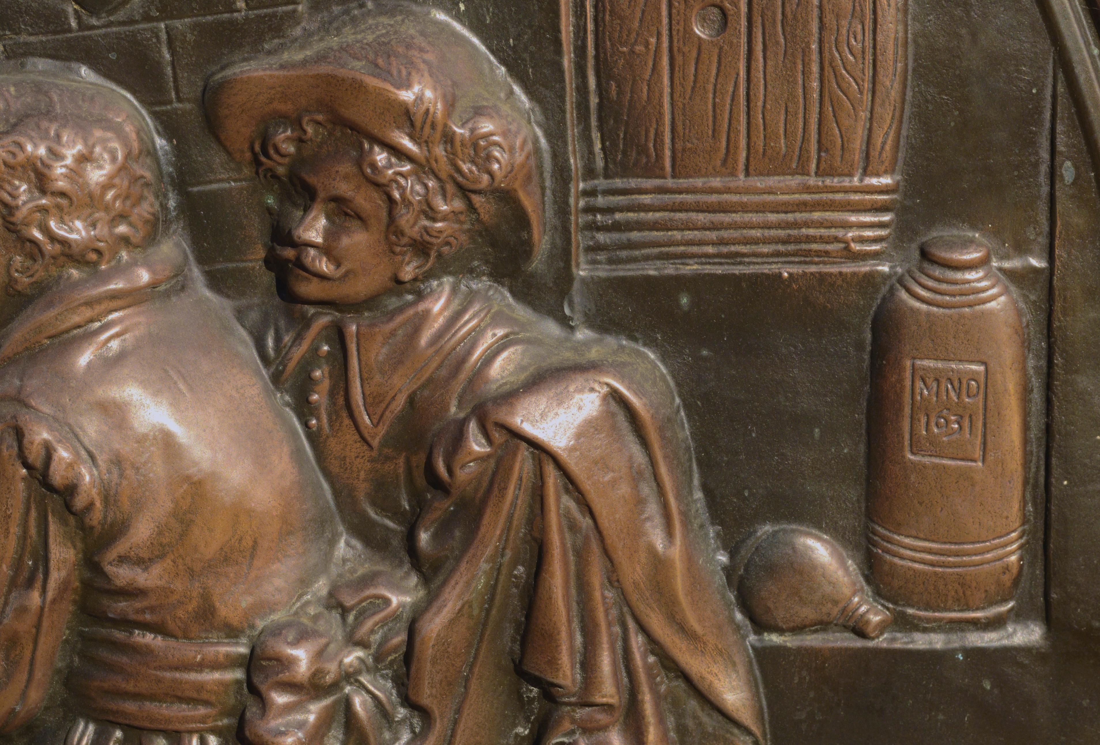 Embossed Copper Repousse Plaque - Tavern Scene - Black Figurative Sculpture by Unknown