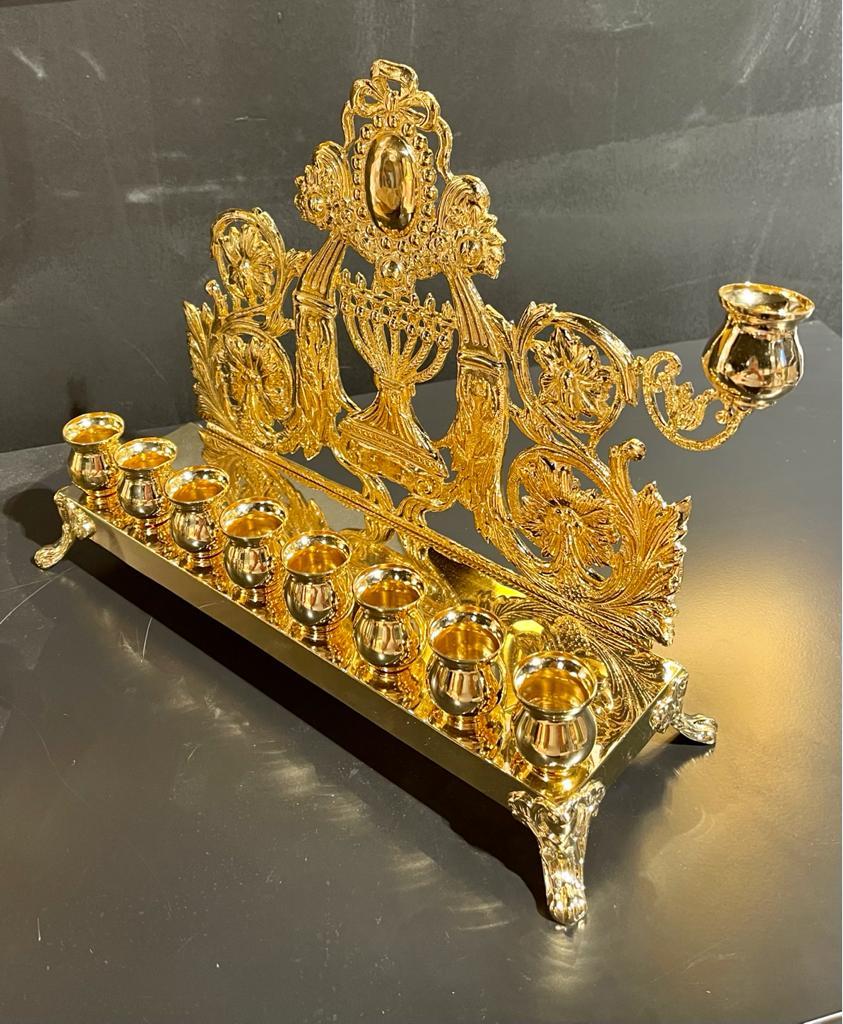 Exceptional 24 Karat Gilded all sterling silver Judaica handcrafted Chanukiah  For Sale 1